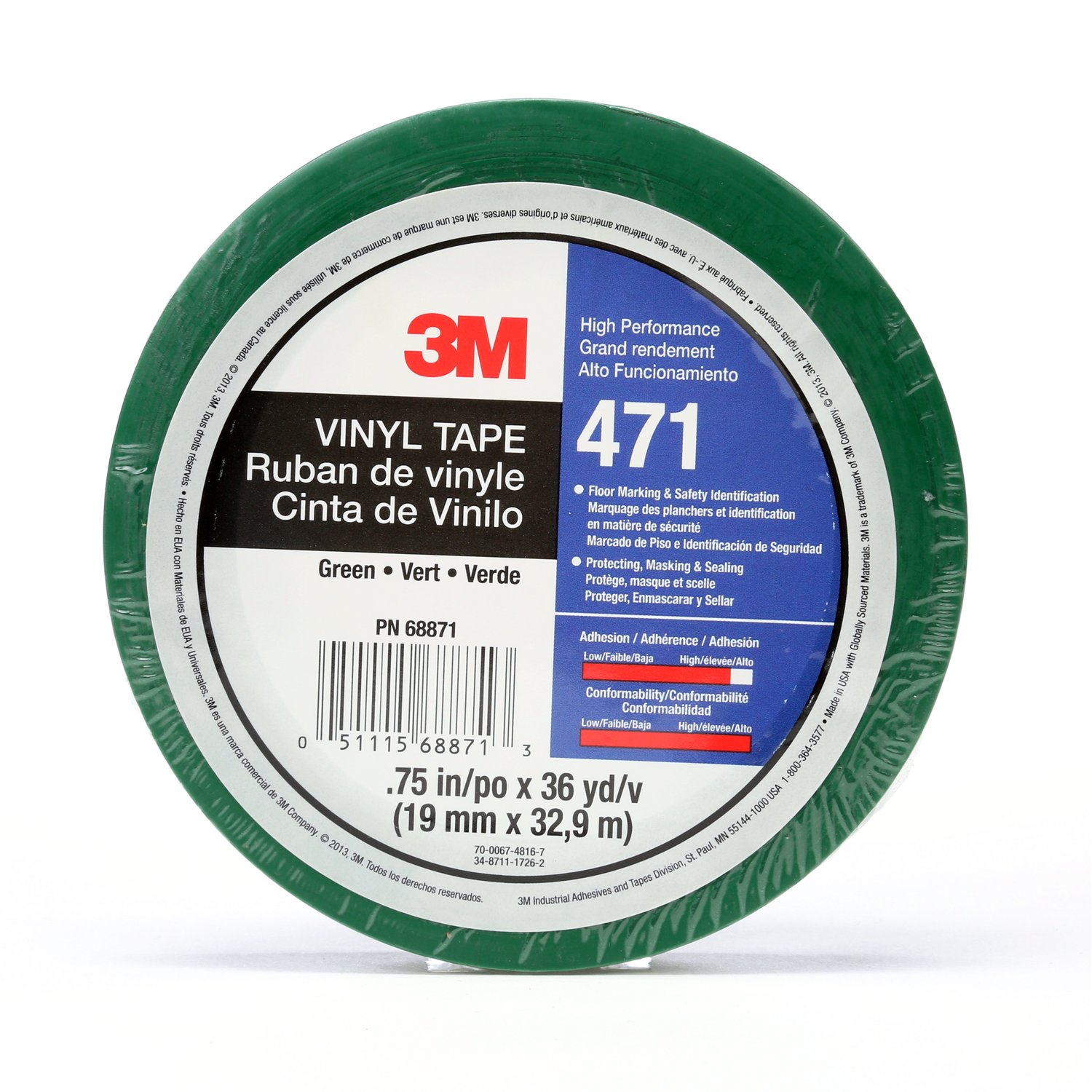 7010302436 - 3M Vinyl Tape 471, Green, 3/4 in x 36 yd, 5.2 mil, 48 rolls per case,
Individually Wrapped Conveniently Packaged