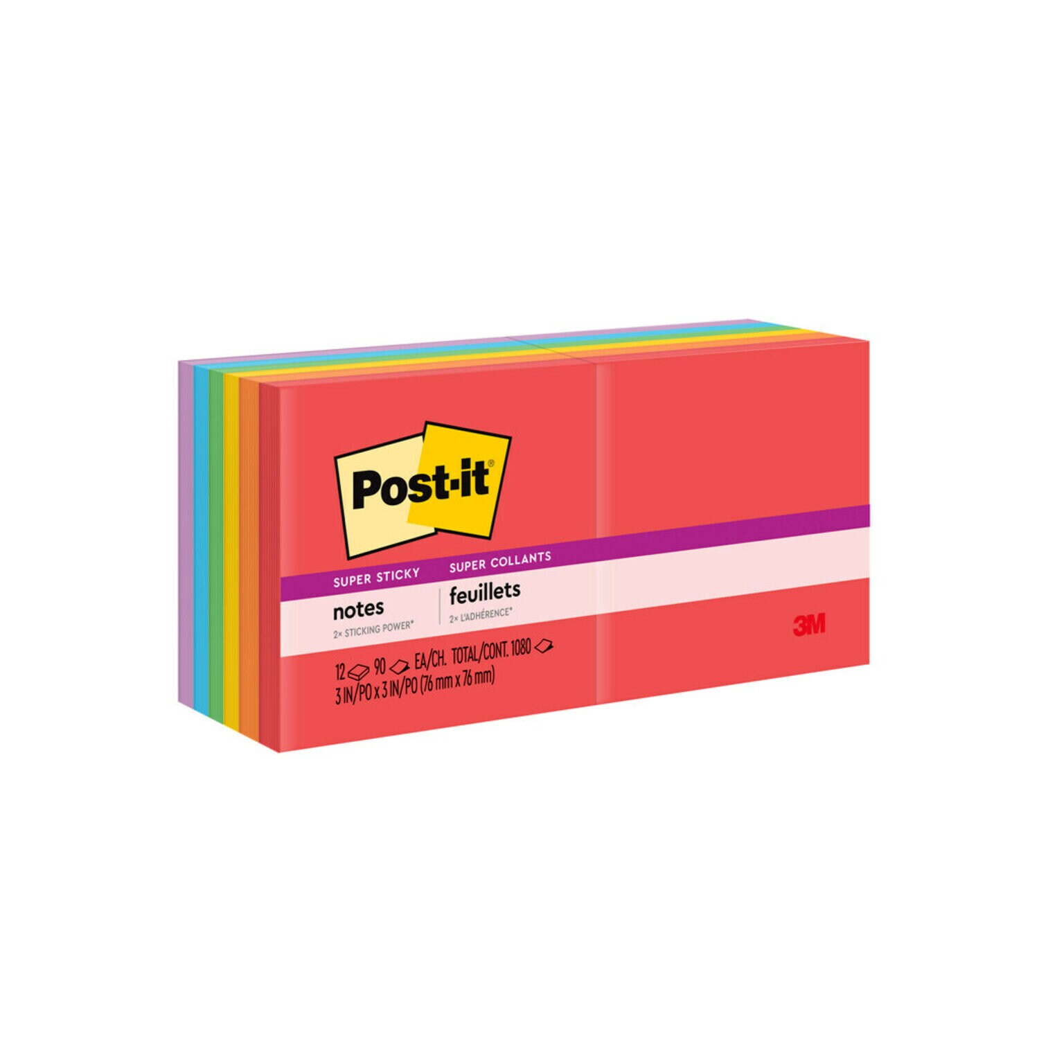 7010372274 - Post-it Super Sticky Notes 654-12SSAN, 3 in x 3 in (76 mm x 76 mm), Playful Primaries Collection