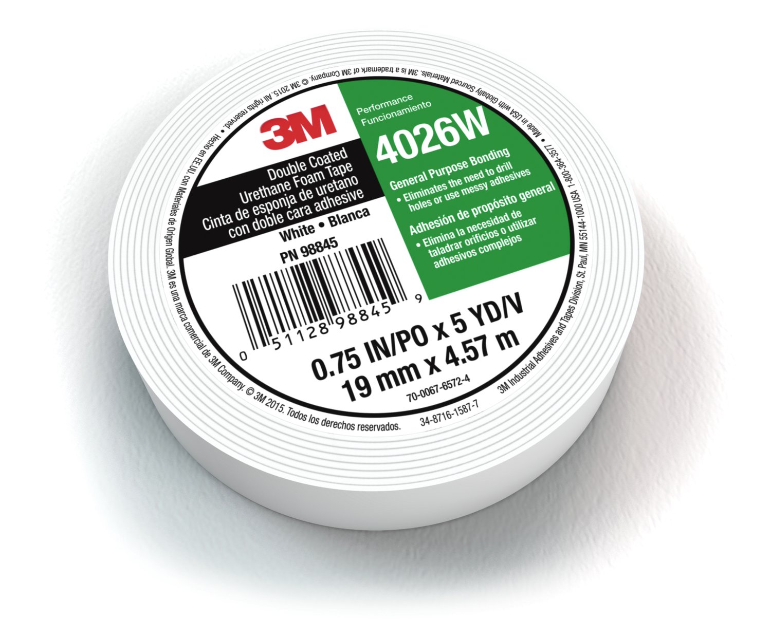 7010376200 - 3M Double Coated Urethane Foam Tape 4026W, White, 3/4 in x 5 yd, 62
mil, 12 Rolls/Case