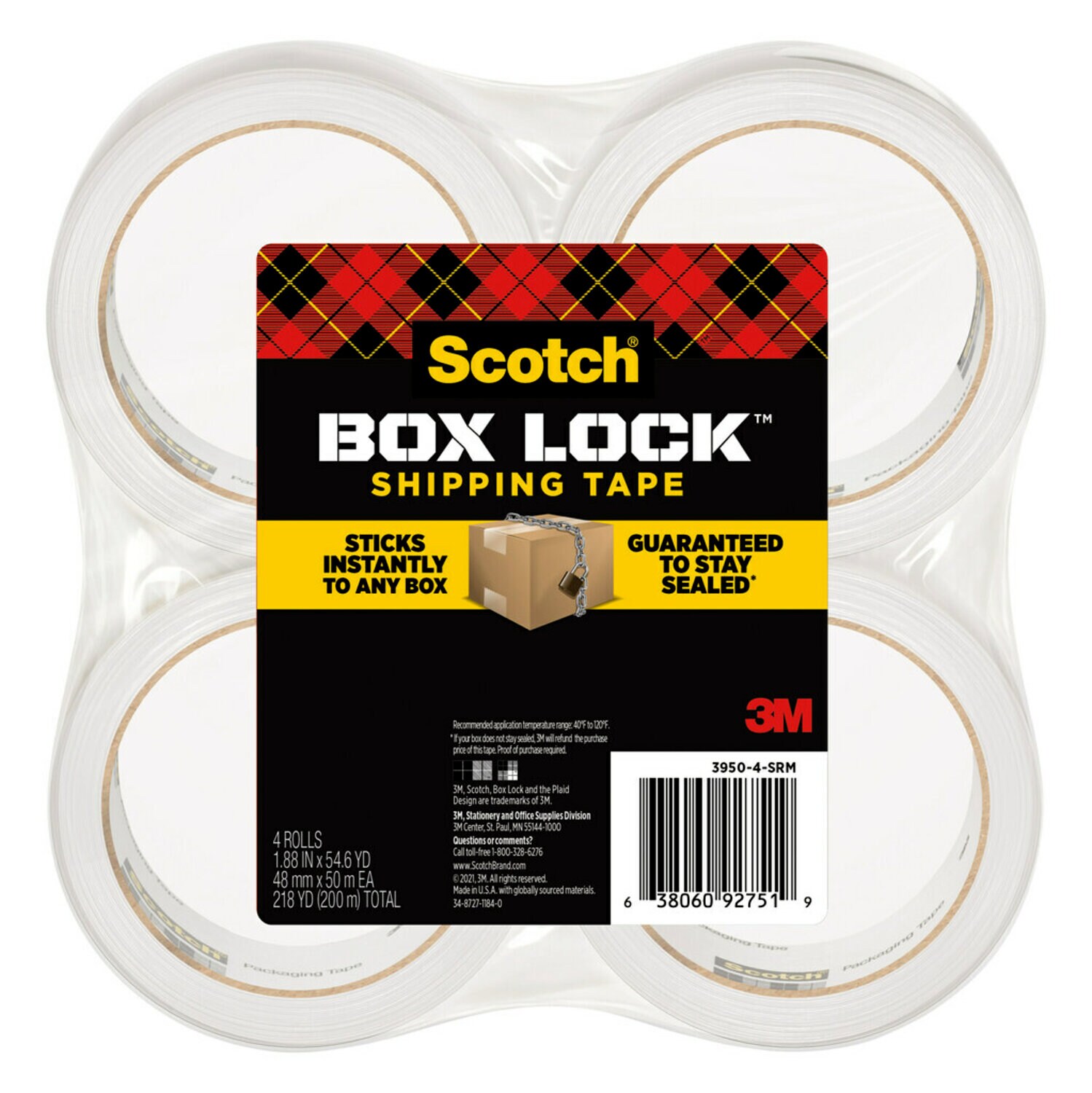 7100253404 - Scotch Box Lock Shipping Tape 3950-4-SRM, 1.88 in x 54.6 yd (48 mm x 50 m)