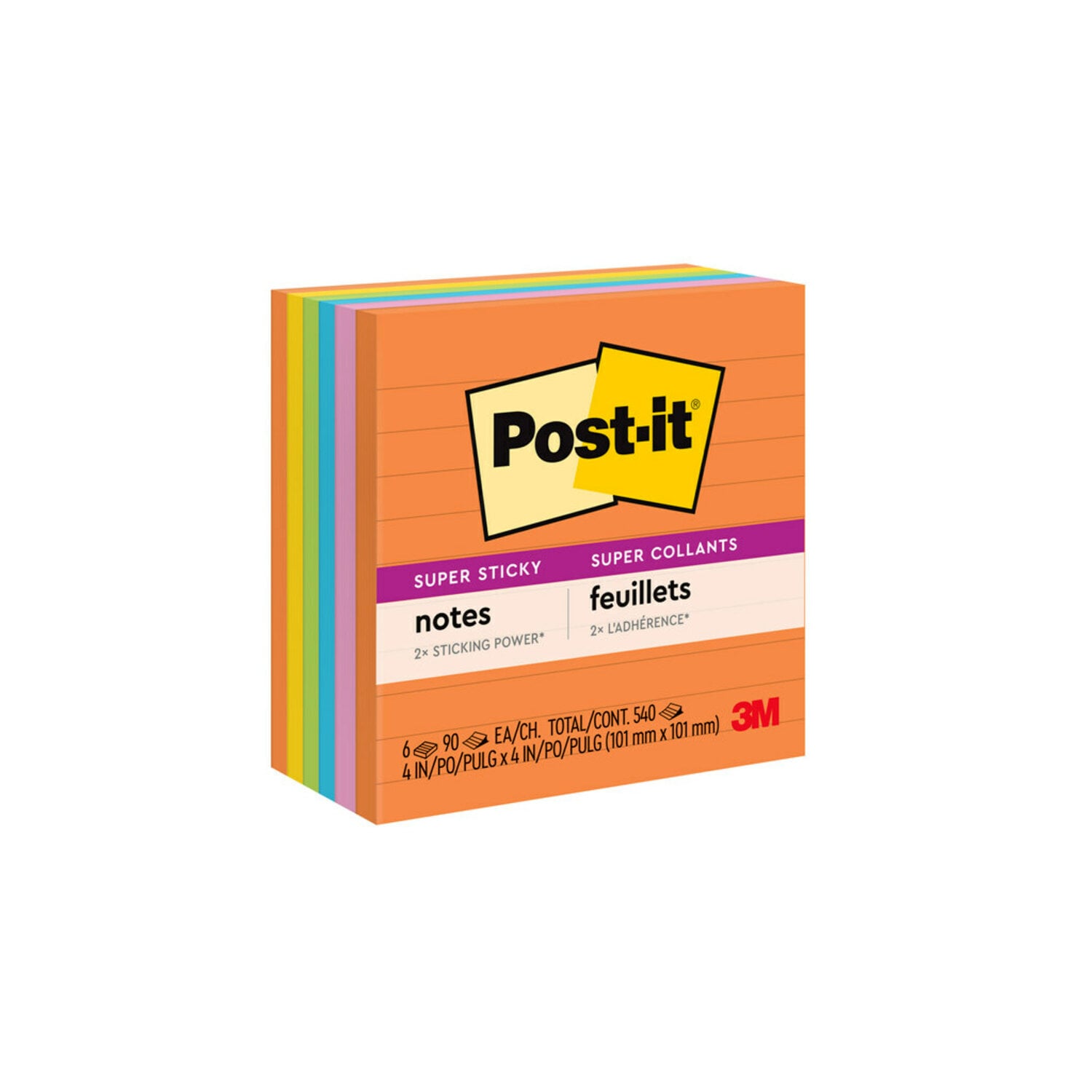 7010372294 - Post-it Super Sticky Notes 675-6SSUC, 4 in x 4 in (101 mm x 101 mm), Energy Boost Collection, Lined, 6 Pads/Pack