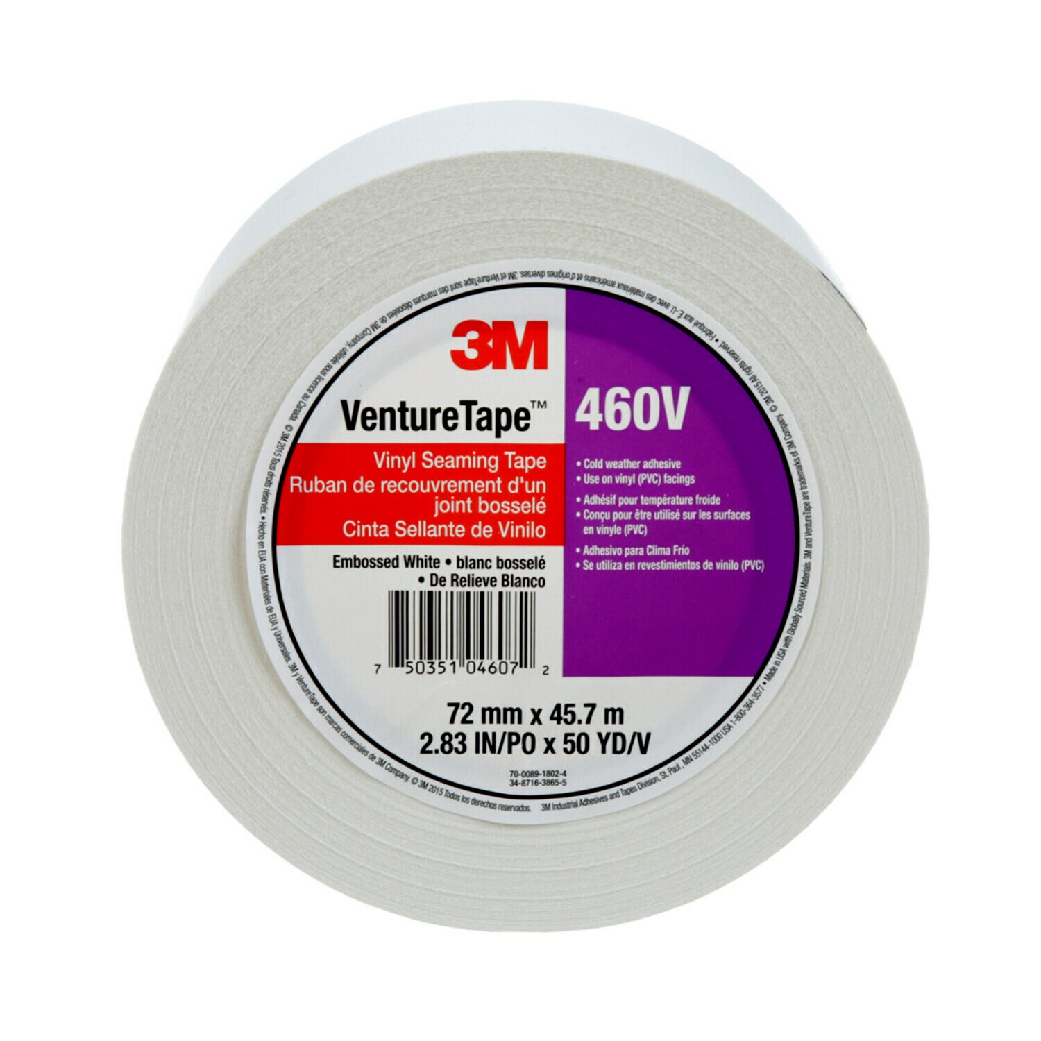 7100043935 - "3M Venture Tape Vinyl Seaming Tape 460V, Embossed, White, 72 mm x
45.7
m, 16 Rolls/Case"