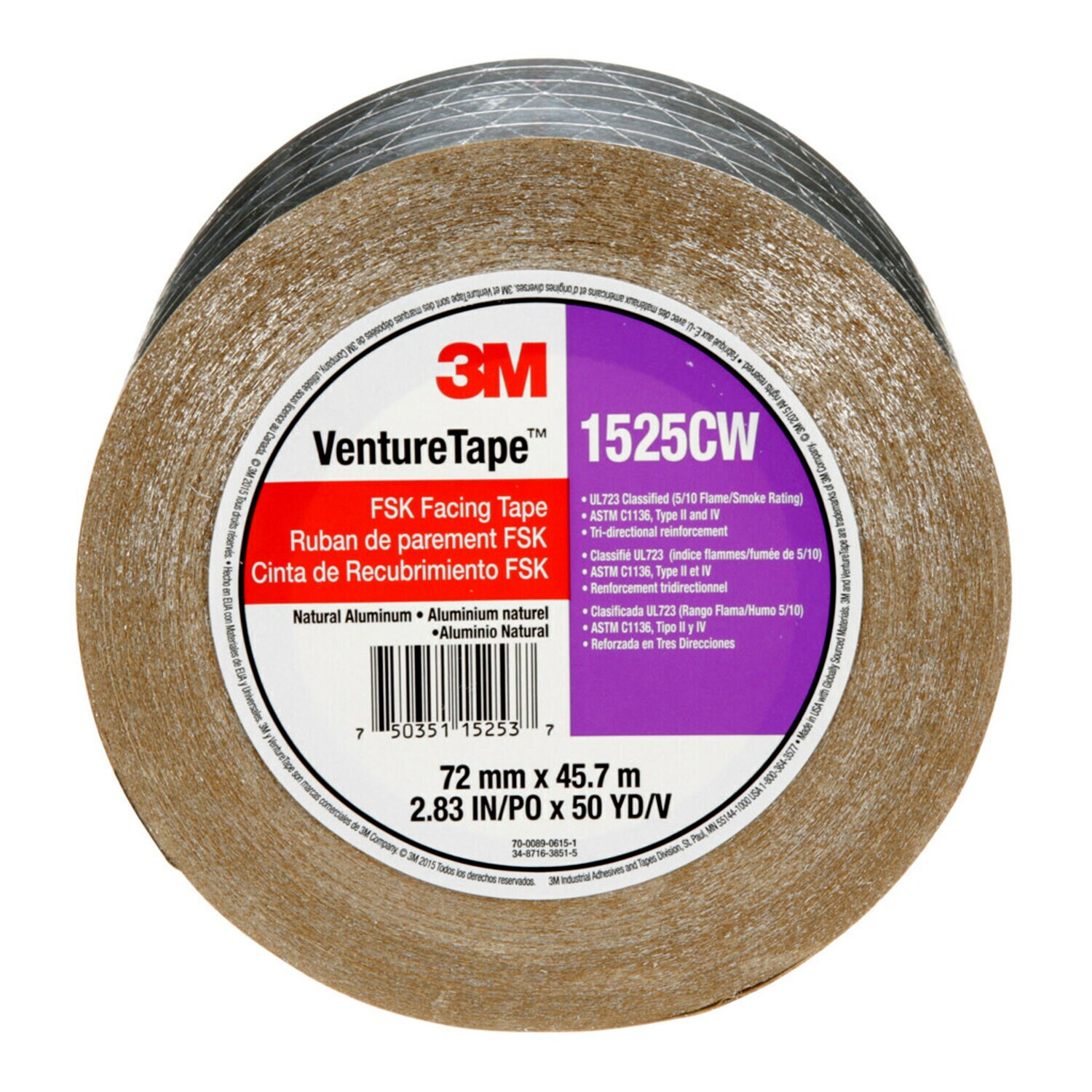 7100043764 - "3M Venture Tape FSK Facing Tape 1525CW, Silver, 72 mm x 45.7 m,
16
Rolls/Case"