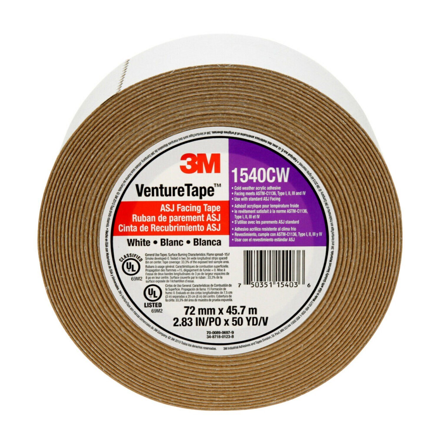 7100043768 - "3M Venture Tape ASJ Facing Tape 1540CW, White, 72 mm x 45.7 m,
16
Rolls/Case"