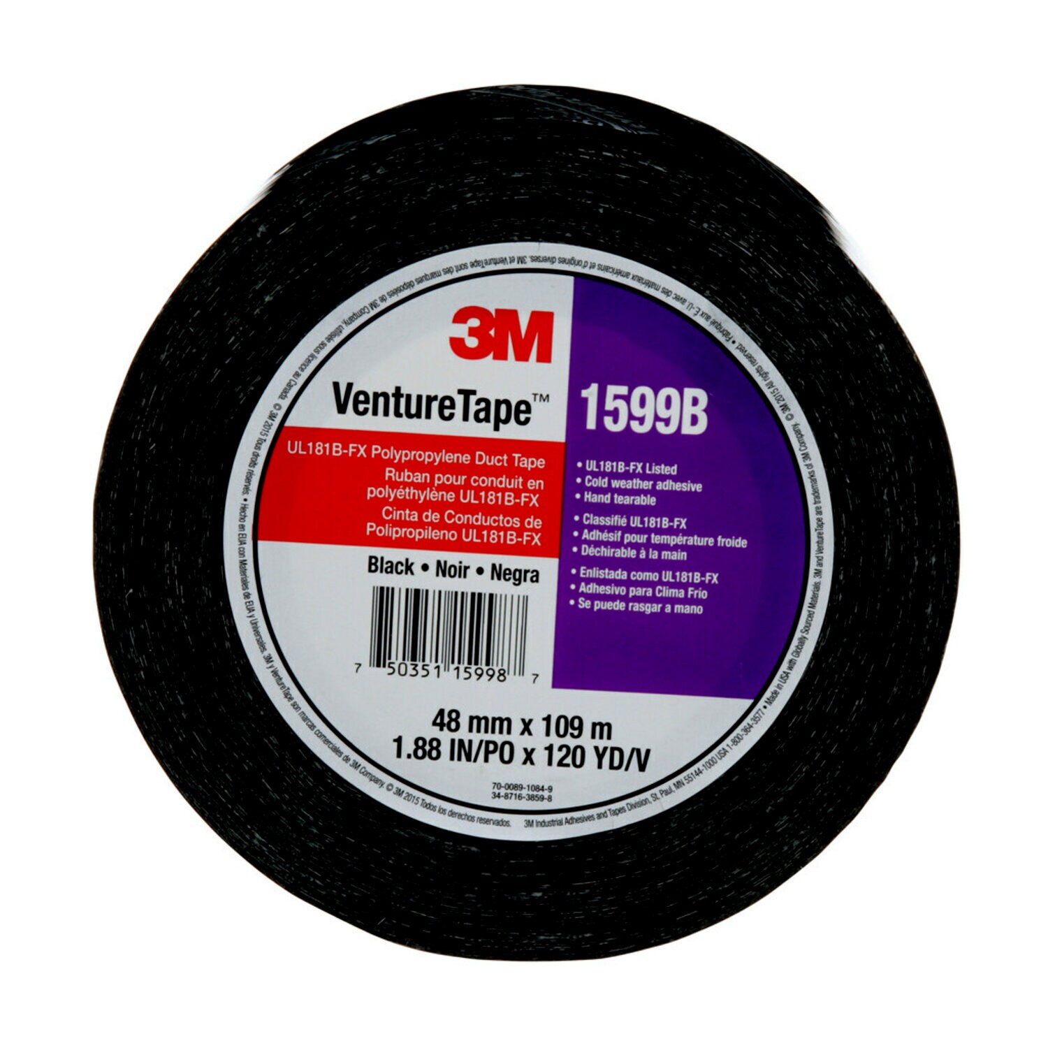 7100043816 - "3M Venture Tape UL181B-FX Polypropylene Duct Tape 1599B, Black, 48
mm
x 109.7 m, 3 mil, 24 Rolls/Case"