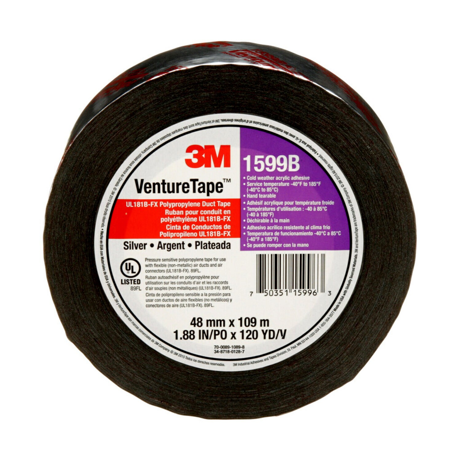 7100043760 - "3M Venture Tape UL181B-FX Polypropylene Duct Tape 1599B, Silver, 48
mm
x 109.7 m, 3 mil, 24 Rolls/Case"