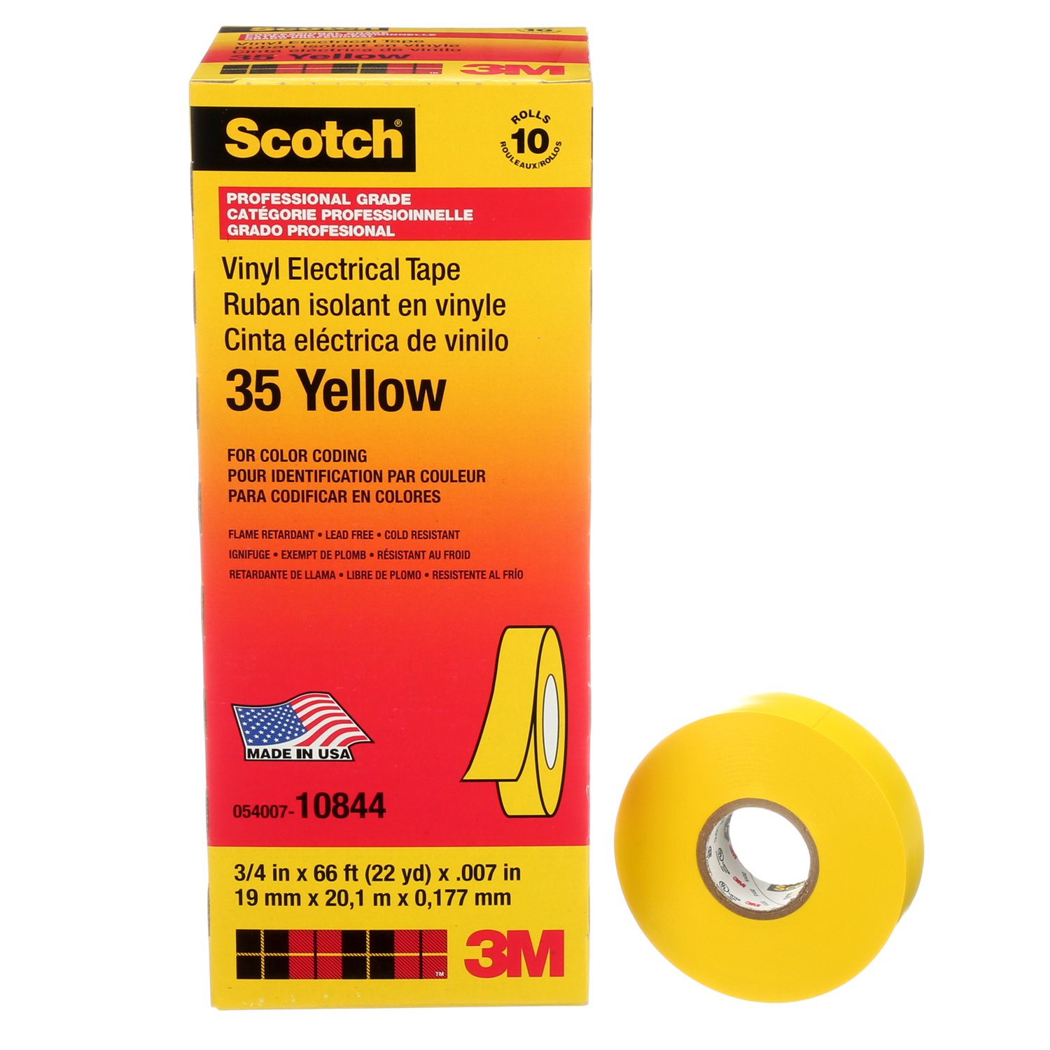 7000006096 - Scotch Vinyl Color Coding Electrical Tape 35, 3/4 in x 66 ft, Yellow,
10 rolls/carton, 100 rolls/Case