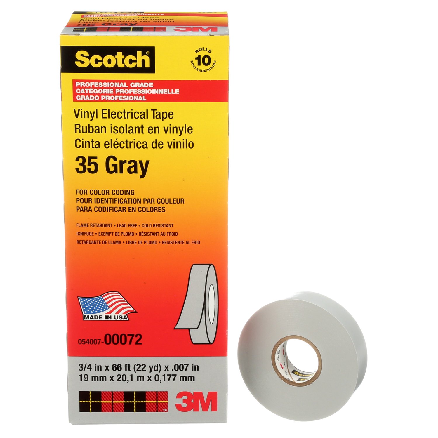 7000006099 - Scotch Vinyl Color Coding Electrical Tape 35, 3/4 in x 66 ft, Gray, 10rolls/carton, 100 rolls/Case