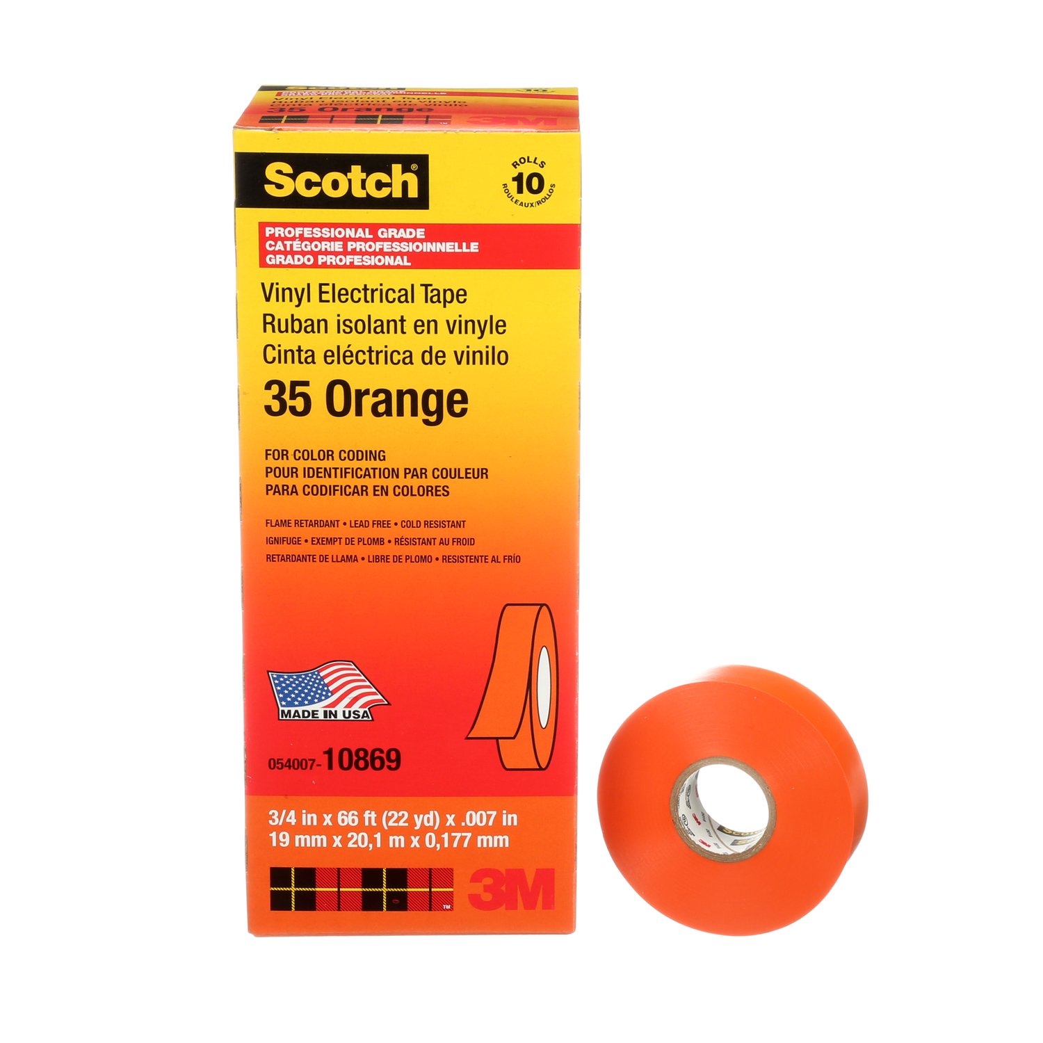 7000031581 - Scotch Vinyl Color Coding Electrical Tape 35, 3/4 in x 66 ft, Orange,
10 rolls/carton, 100 rolls/Case