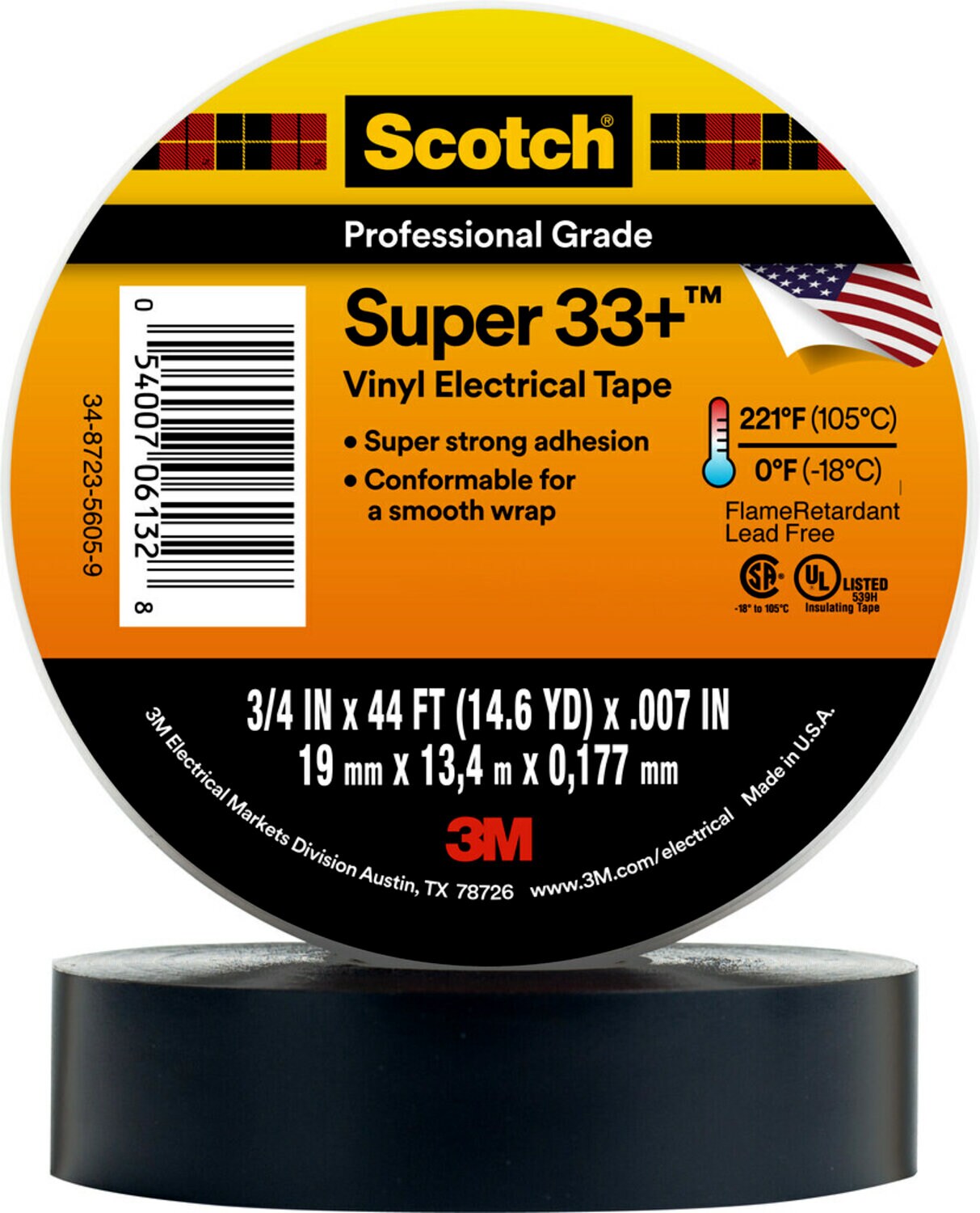 7010350130 - Scotch Super 33+ Vinyl Electrical Tape, 3/4 in x 44 ft, Black, 10
rolls/carton, 100 rolls/Case