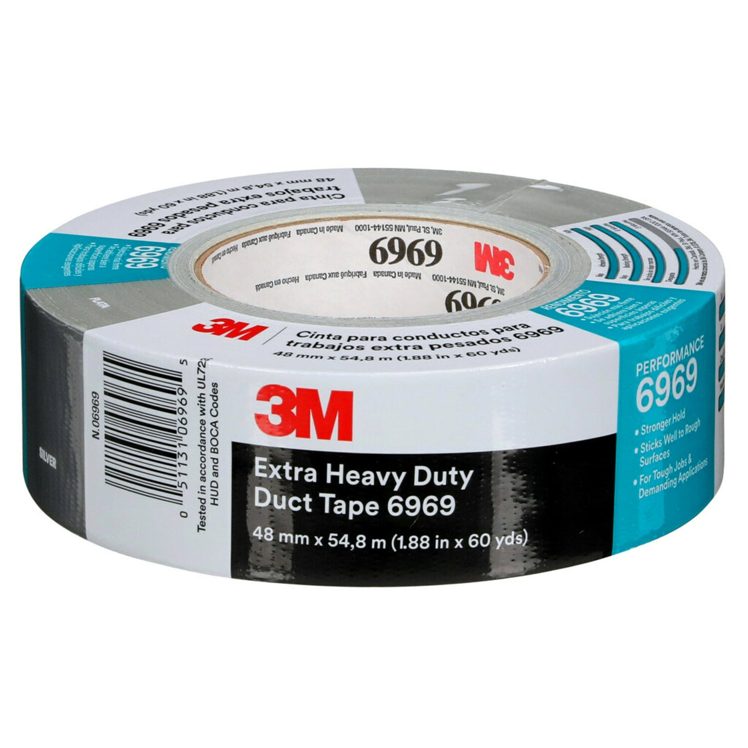 7000001230 - 3M Extra Heavy Duty Duct Tape 6969, Silver, 48 mm x 54.8 m, 10.7 mil,
24 Roll/Case, Individually Wrapped Conveniently Packaged