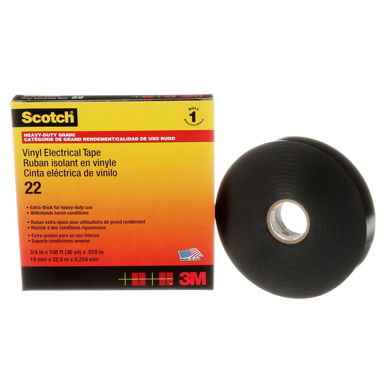 7000031344 - Scotch Vinyl Electrical Tape 22, 3/4 in x 36 yd, Black, 12
rolls/carton, 48 rolls/Case