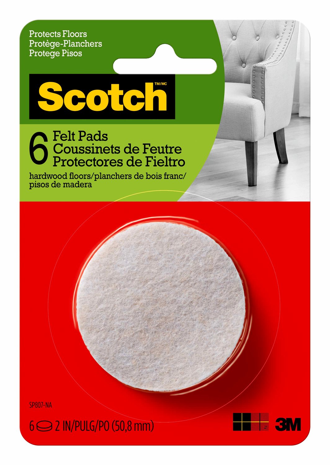 7100097911 - Scotch Round Felt Pads SP807-NA, Beige, 2 in, 6/pk