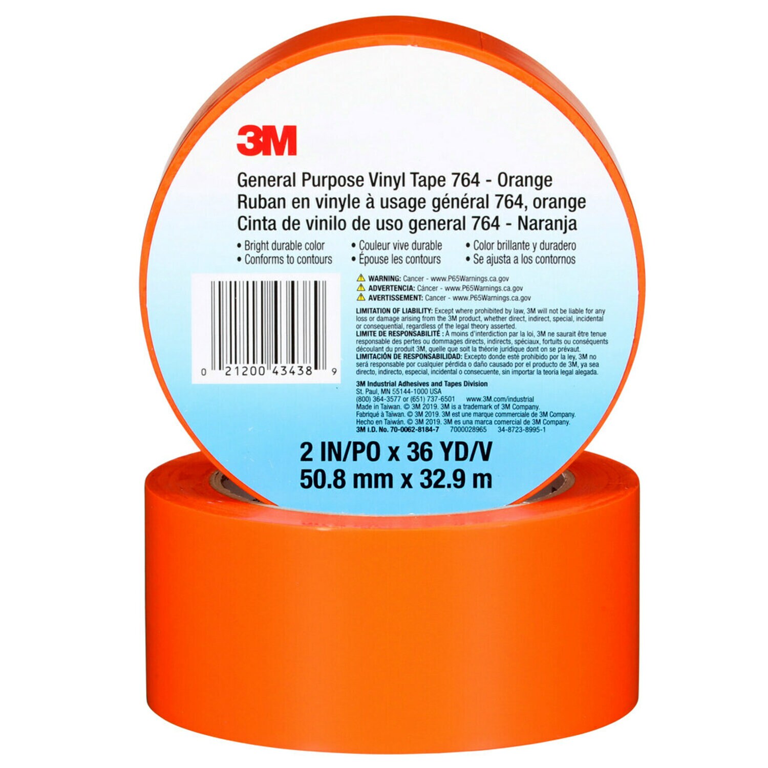 7000028965 - 3M General Purpose Vinyl Tape 764, Orange, 2 in x 36 yd, 5 mil, 24 Roll/Case, Individually Wrapped Conveniently Packaged