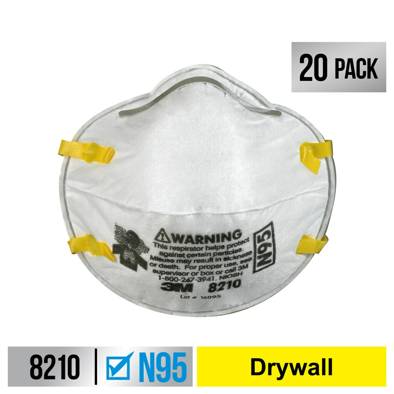 7100160530 - 3M Performance Drywall Sanding Respirator N95 Particulate, 8210D20-DC,
20 eaches/pack, 4 packs/case