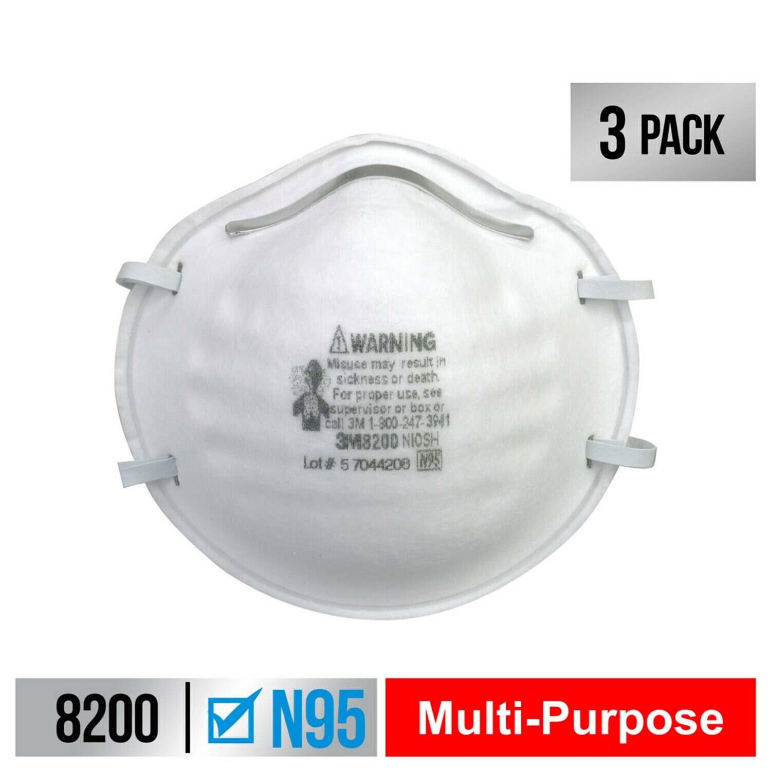 7100155863 - 3M Sanding and Fiberglass Respirator, 8200H3-DC, 3 eaches/pack, 12
packs/case