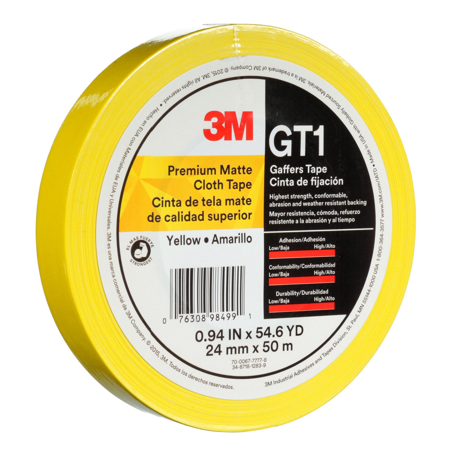 7010376455 - 3M Premium Matte Cloth (Gaffers) Tape GT1, Yellow, 24 mm x 50 m, 11
mil, 48/Case