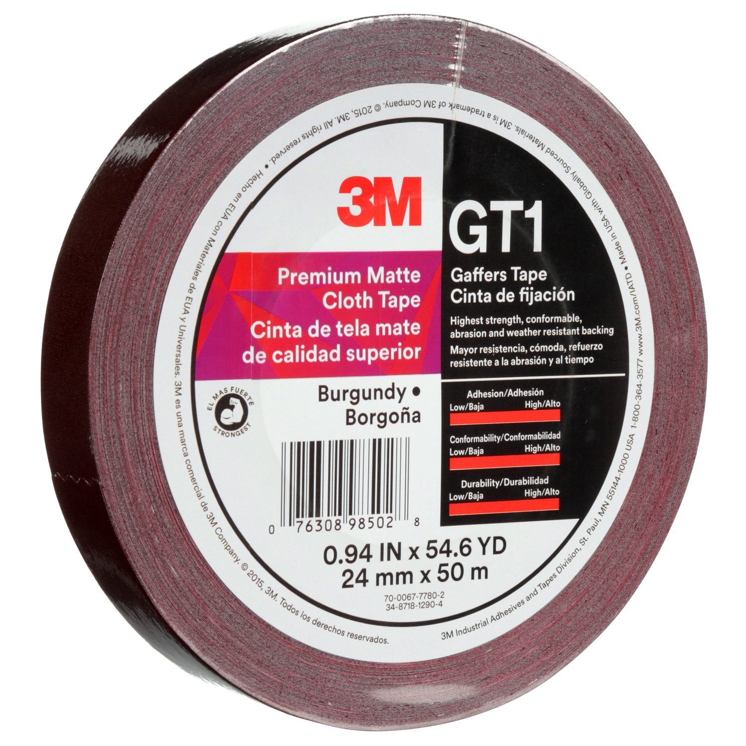 7010312514 - 3M Premium Matte Cloth (Gaffers) Tape GT1, Burgundy, 24 mm x 50 m, 11
mil, 48/Case