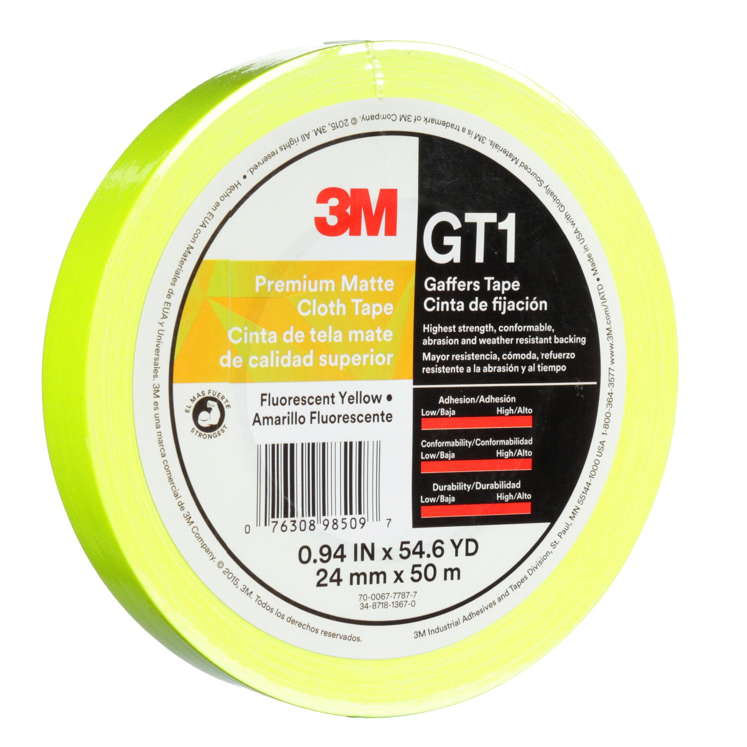 7010312515 - 3M Premium Matte Cloth (Gaffers) Tape GT1, Fluorescent Yellow, 24 mm x
50 m, 11 mil, 48/Case