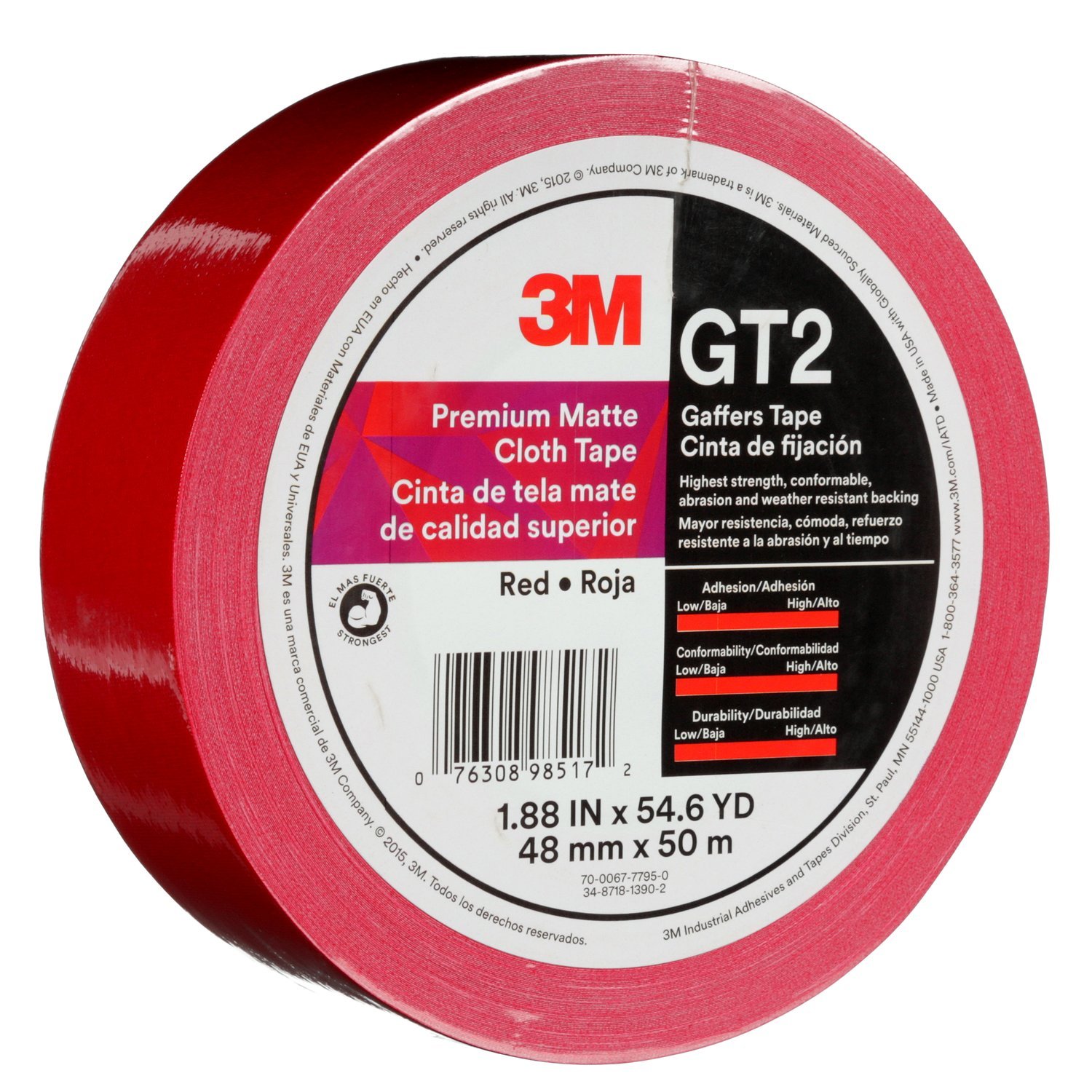 7010375516 - 3M Premium Matte Cloth (Gaffers) Tape GT2, Red, 48 mm x 50 m, 11 mil,
24/Case