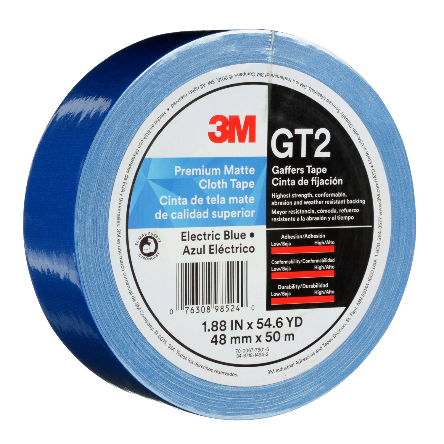 7010312517 - 3M Premium Matte Cloth (Gaffers) Tape GT2, Electric Blue, 48 mm x 50 m,
11 mil, 24/Case