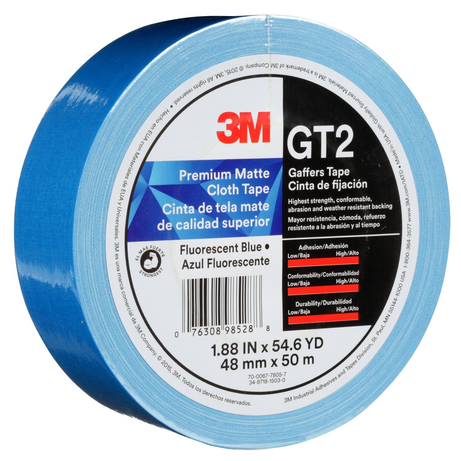 7010375520 - 3M Premium Matte Cloth (Gaffers) Tape GT2, Fluorescent Blue, 48 mm x 50
m, 11 mil, 24/Case