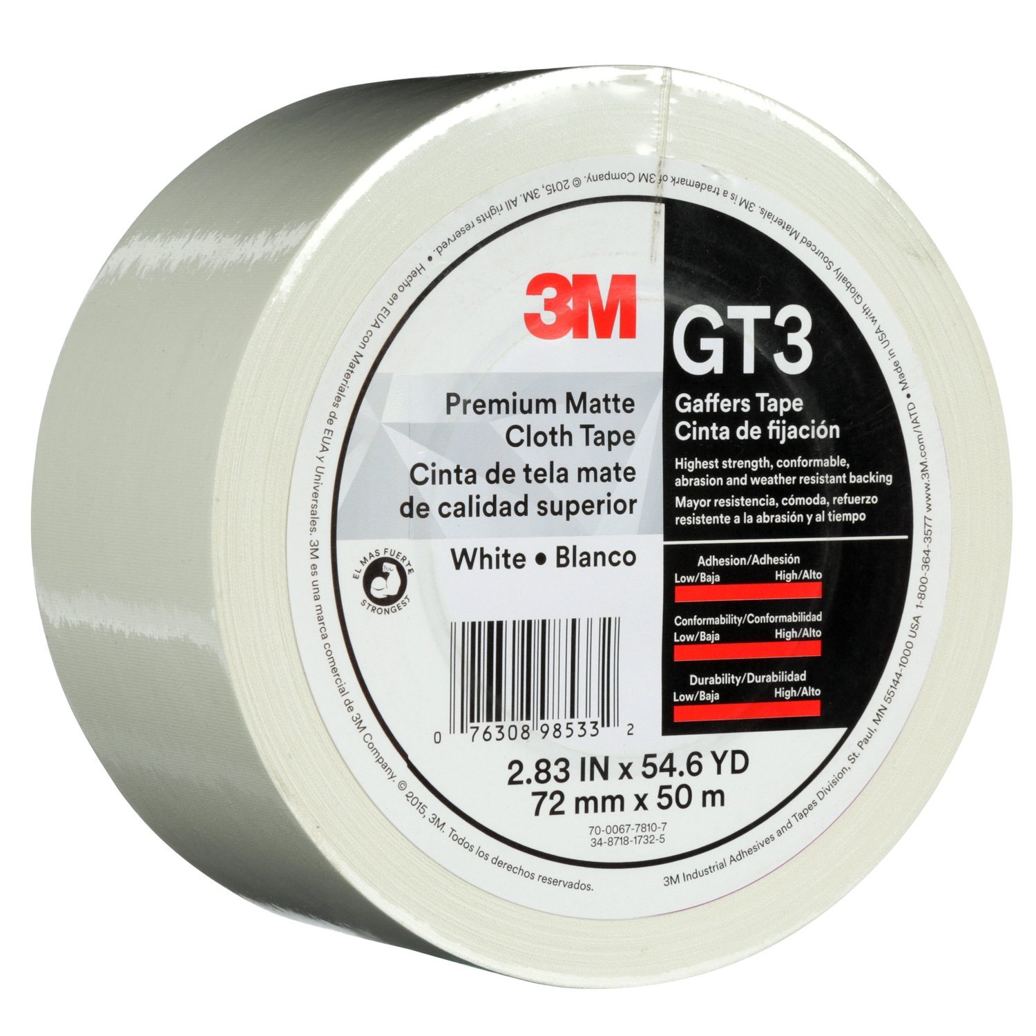 7010336137 - 3M Premium Matte Cloth (Gaffers) Tape GT3, White, 72 mm x 50 m, 11 mil,
16/Case