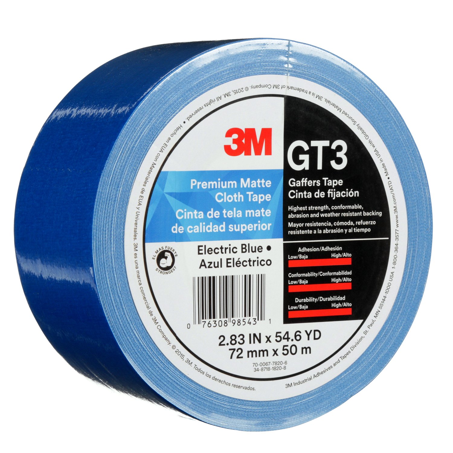 7010375527 - 3M Premium Matte Cloth (Gaffers) Tape GT3, Electric Blue, 72 mm x 50 m,
11 mil, 16/Case