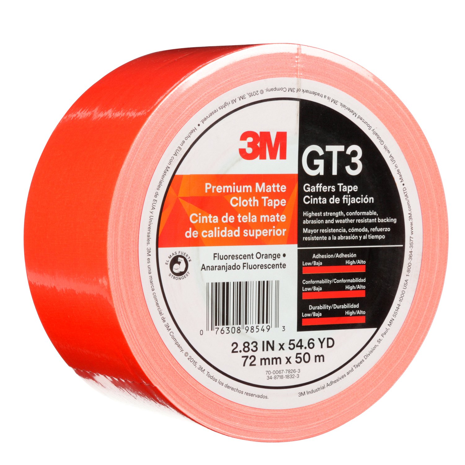 7010295701 - 3M Premium Matte Cloth (Gaffers) Tape GT3, Fluorescent Orange, 72 mm x
50 m, 11 mil, 16/Case