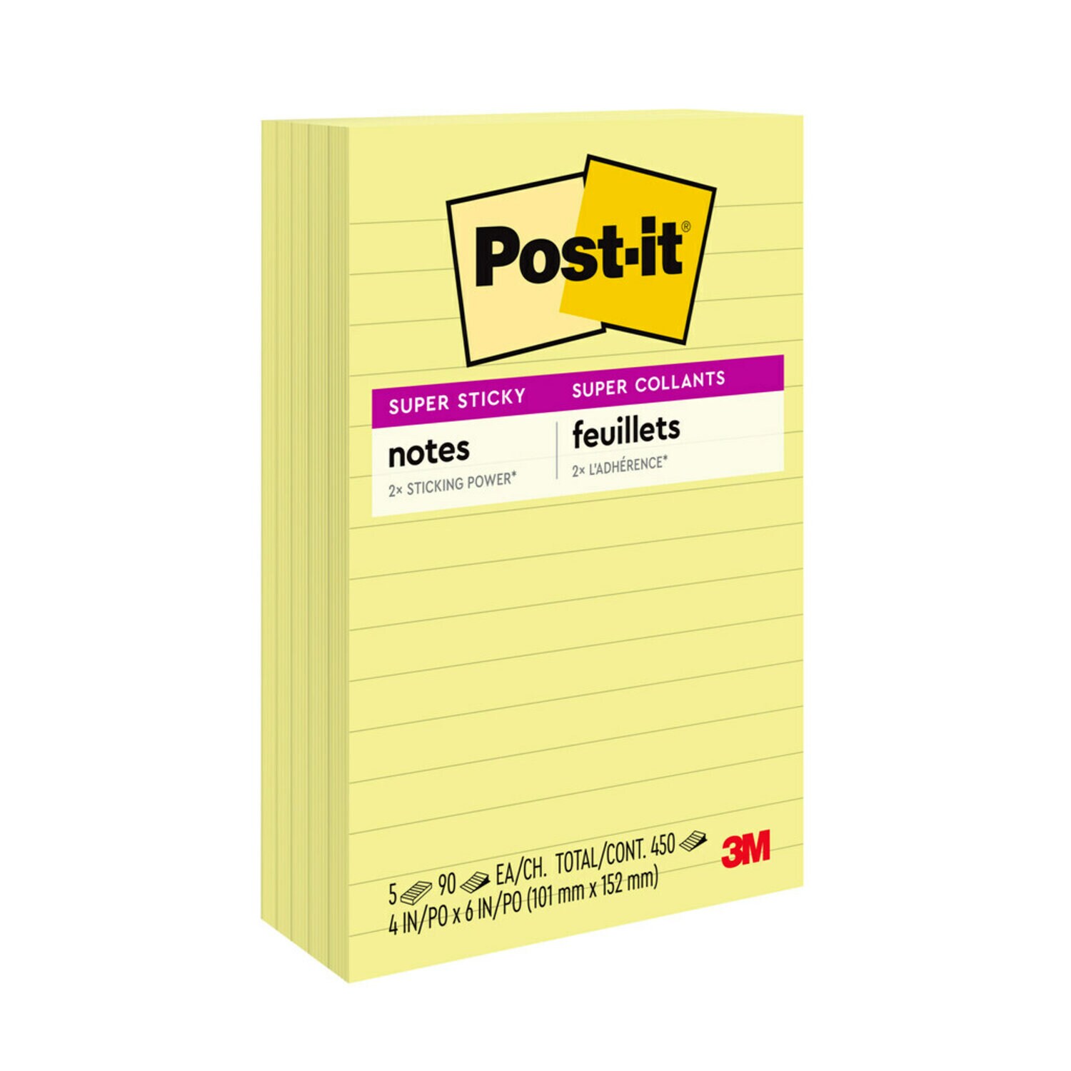 7000052459 - Post-it Super Sticky Notes 660-5SSCY, 4 in x 6 in (10.16 cm x 15.24 cm) Canary Yellow, lined, 5 pack, 90 sheet pads