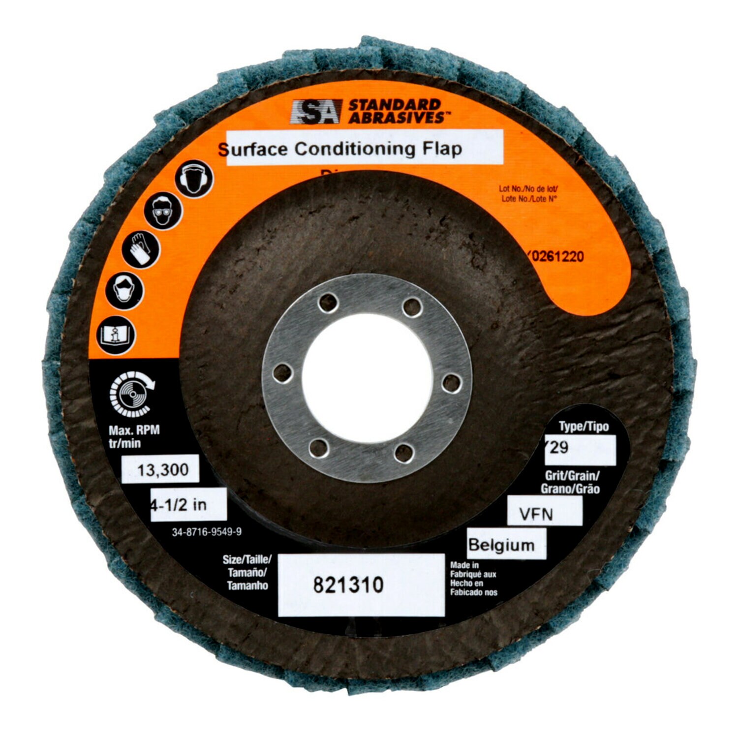 7000121835 - Standard Abrasives Surface Conditioning Flap Disc, 821310, 4-1/2 in x
7/8 in VFN, 5/Carton, 50 ea/Case