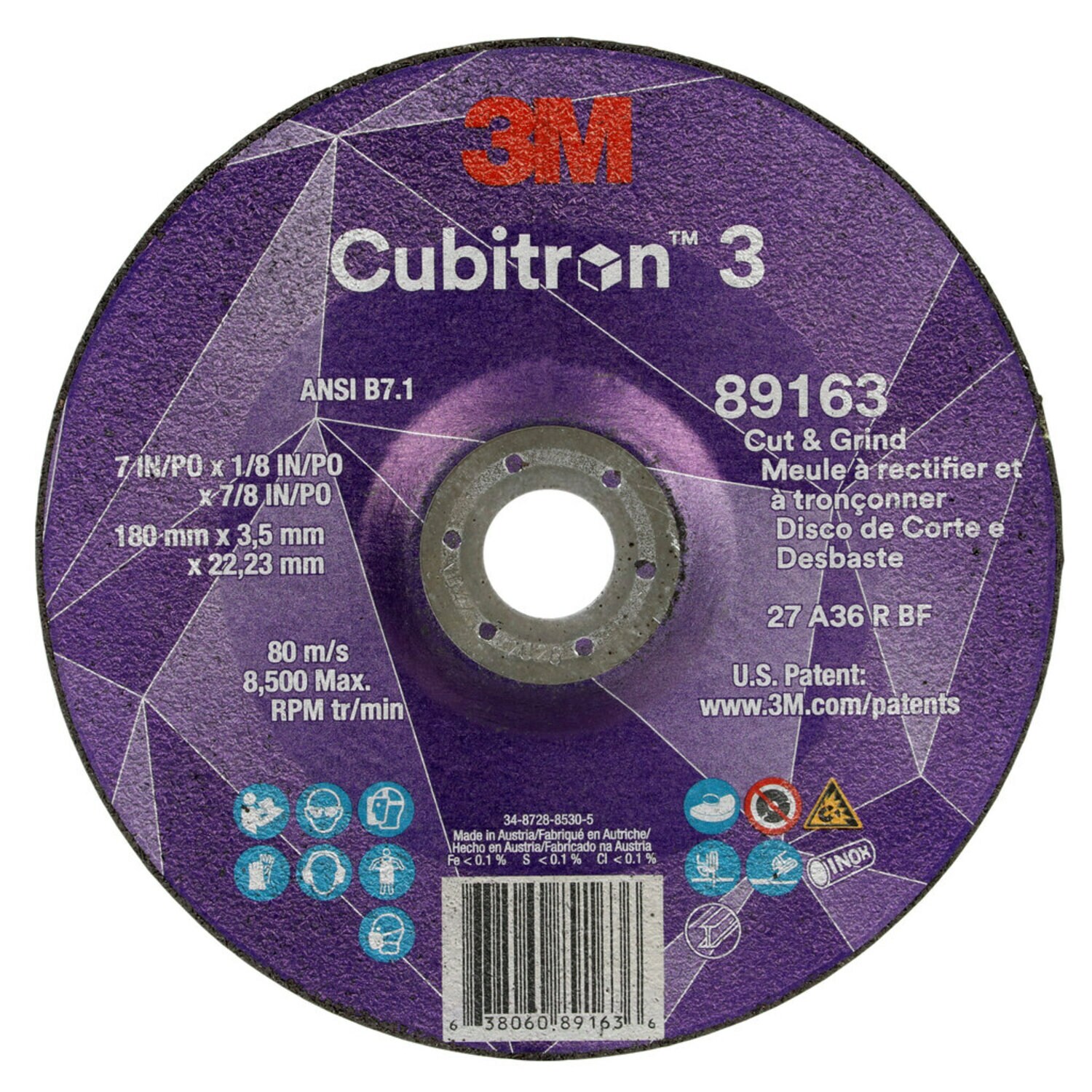 7100313588 - 3M Cubitron 3 Cut and Grind Wheel, 89163, 36+, T27, 7 in x 1/8 in x
7/8 in (180 x 3.2 x 22.23 mm), ANSI, 10/Pack, 20 ea/Case