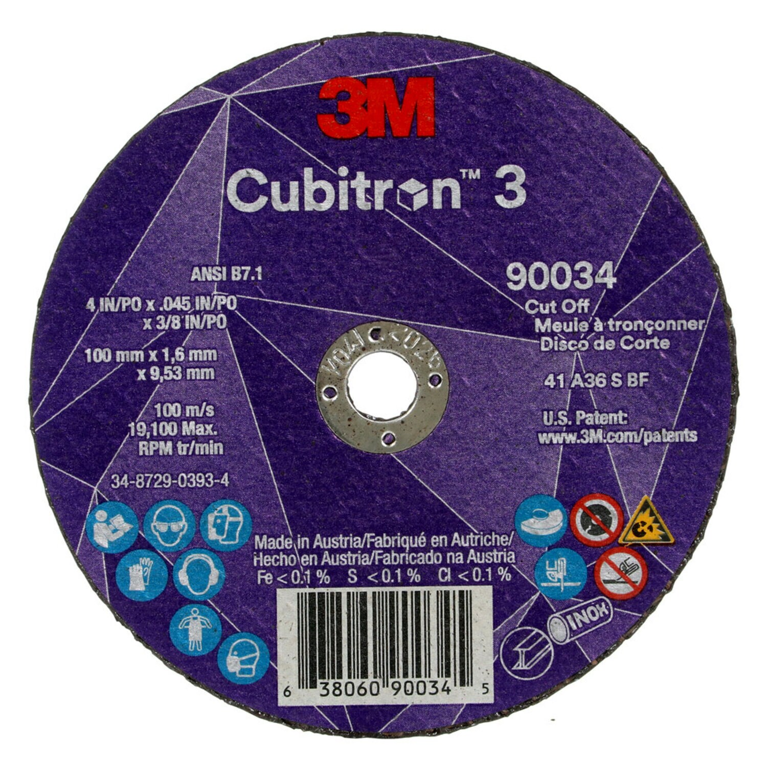 7100304004 - 3M Cubitron 3 Cut-Off Wheel, 90034, 36+, T1, 4 in x 0.045 in x 3/8 in
(100 x 1.6 x 9.53 mm), ANSI, 25/Pack, 50 ea/Case