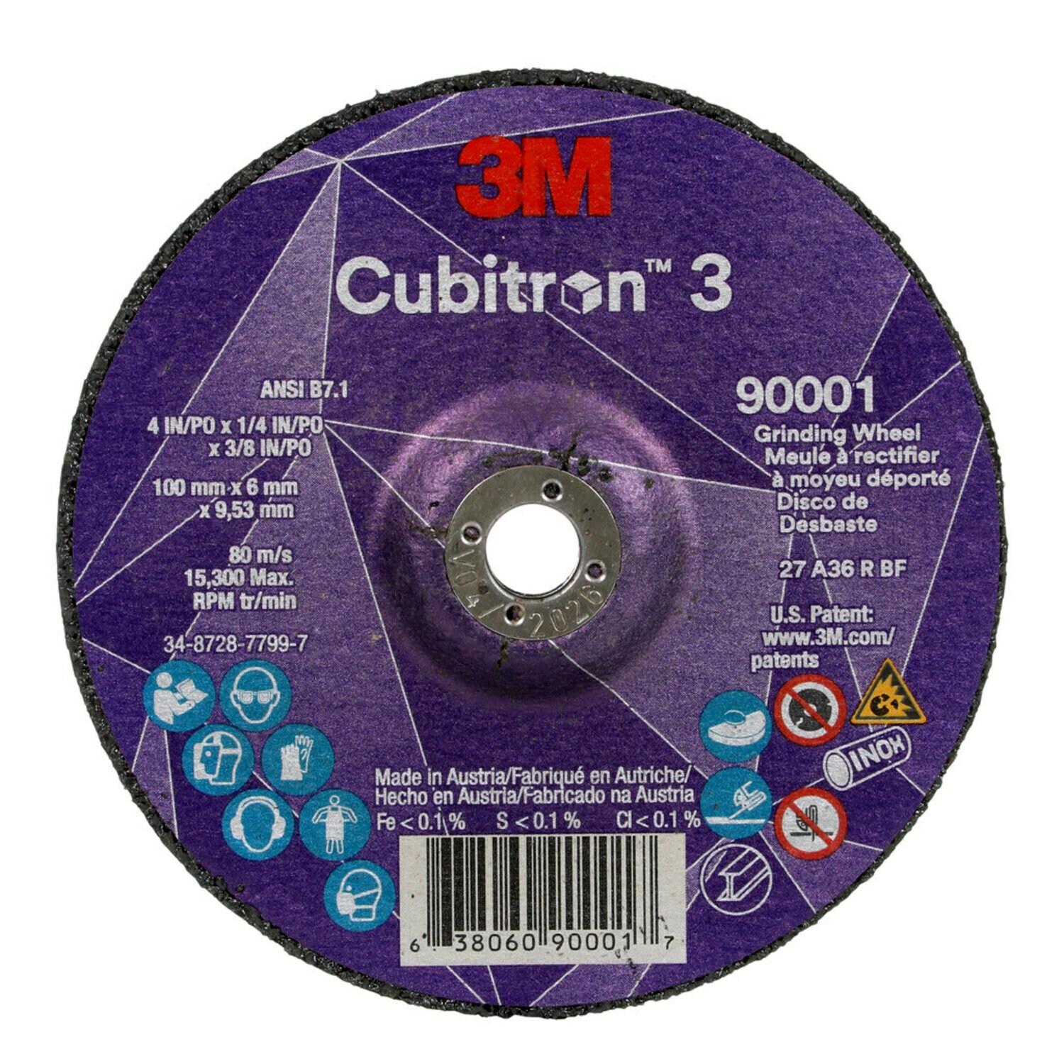 7100303965 - 3M Cubitron 3 Depressed Center Grinding Wheel, 90001, 36+, T27, 4 in x
1/4 in x 3/8 in (100x6x9.53mm), ANSI, 10/Pack, 20 ea/Case