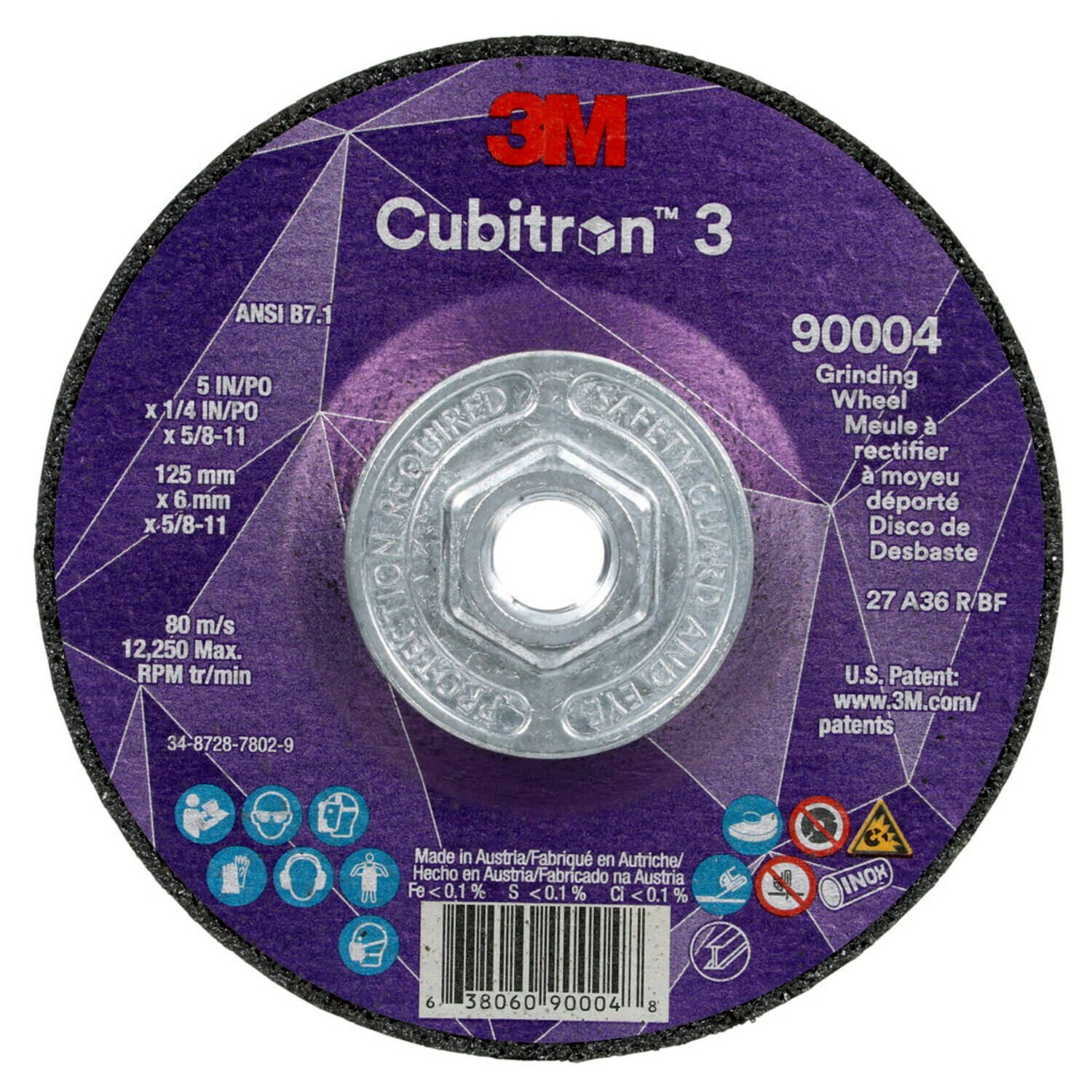 7100312967 - 3M Cubitron 3 Depressed Center Grinding Wheel, 90004, 36+, T27, 5 in x
1/4 in x 5/8 in-11 (125x6mmx5/8-11in), ANSI, 10 ea/Case