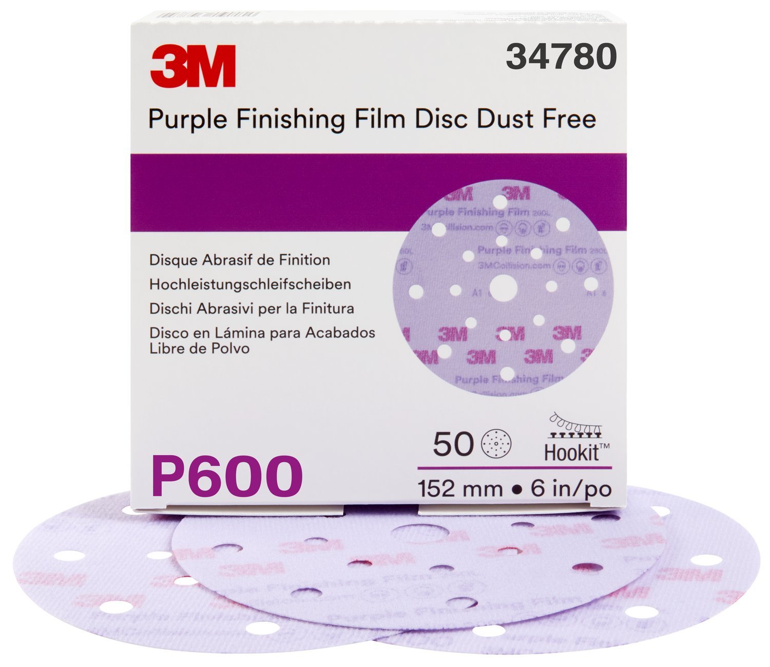 7100122781 - 3M Hookit Purple Finishing Film Abrasive Disc 260L, 34780, 6 in, Dust
Free, P600, 50 discs per carton, 4 cartons per case