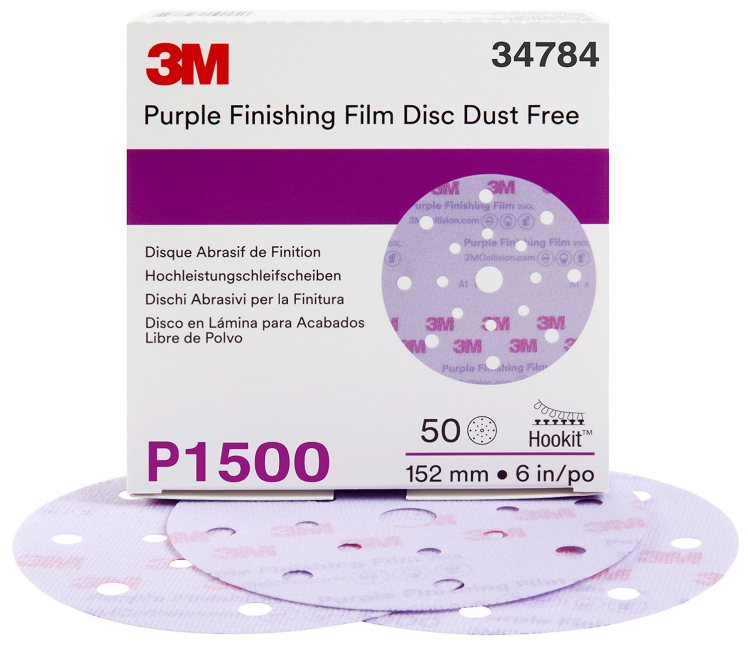 7100122776 - 3M Hookit Purple Finishing Film Abrasive Disc 260L, 34784, 6 in, Dust
Free, P1500, 50 discs per carton, 4 cartons per case