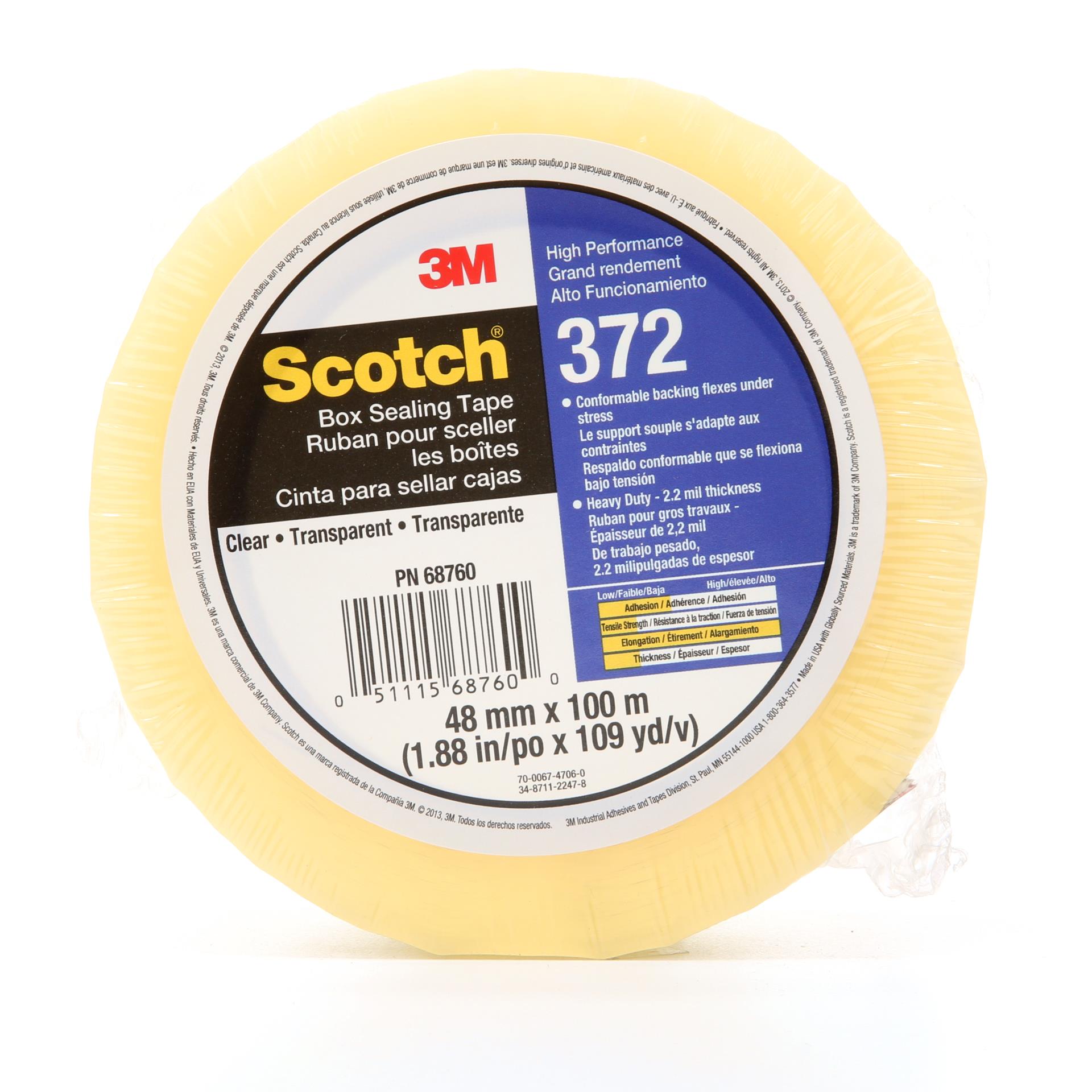 Scotch Box Sealing Tape, 48 mm x 100 m, 3 Core, Clear, 36/Carton 