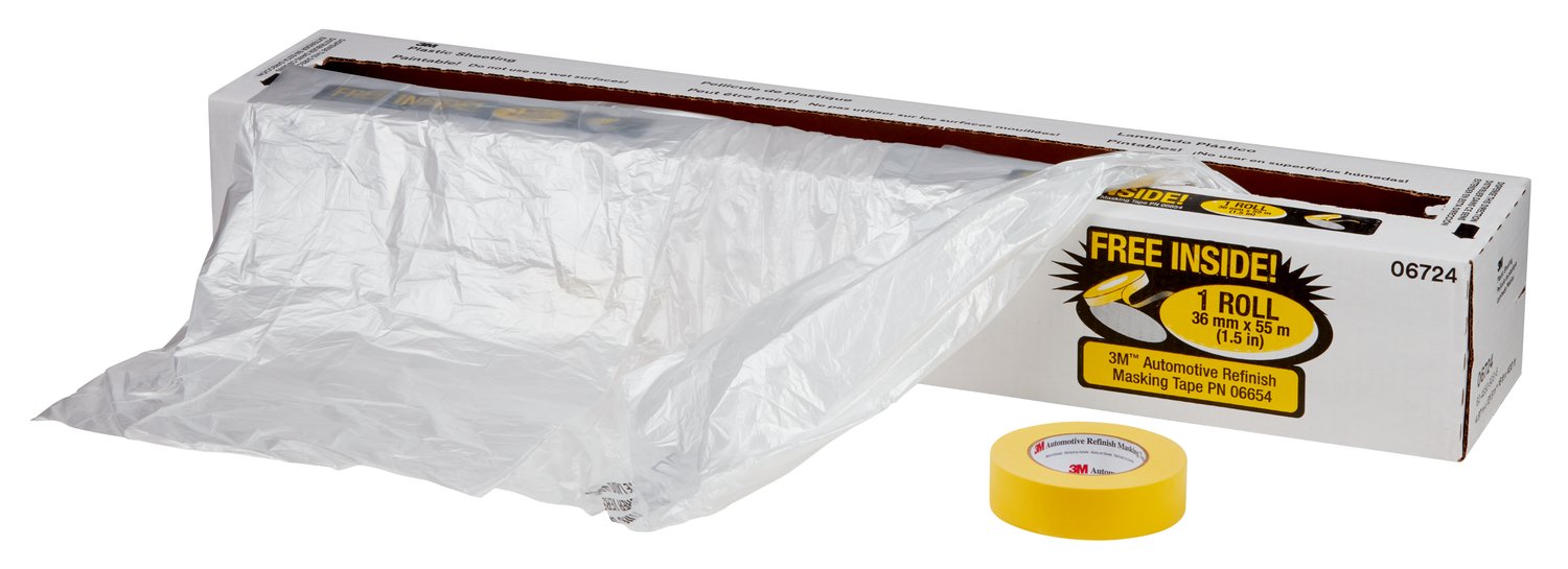 7100139894 - 3M Plastic Sheeting with 388N Yellow Masking Tape (36 mm), 06724, 16 ft
x 400 ft, 1 per case