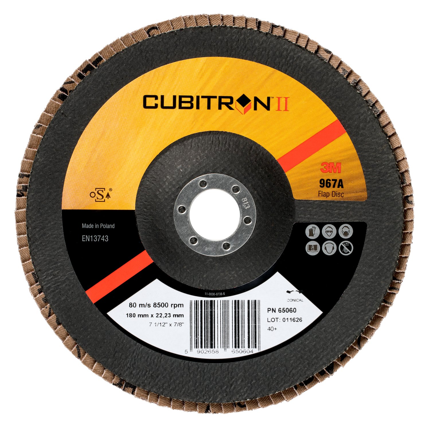 7000148196 - 3M Cubitron II Flap Disc 967A, 40+, T27, 5 in x 7/8 in, 10 ea/Case