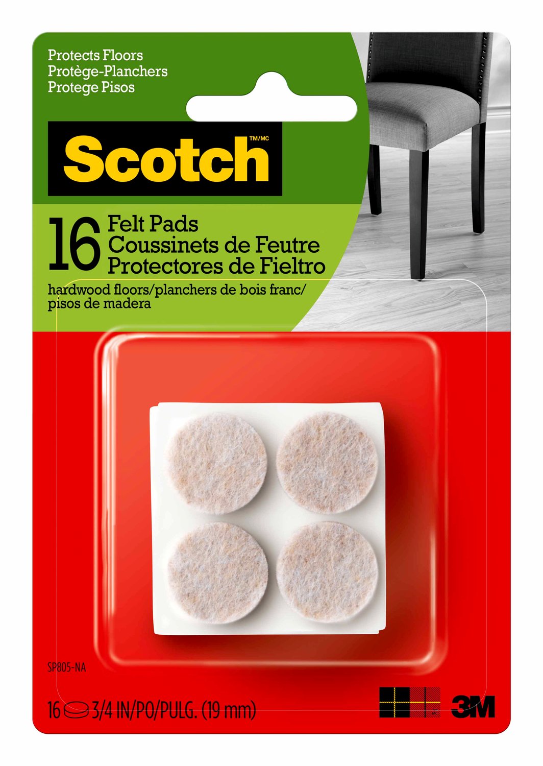 7100142696 - Scotch Round Felt Pads, SP805-NA, 3/4 in, Beige, 16/pk