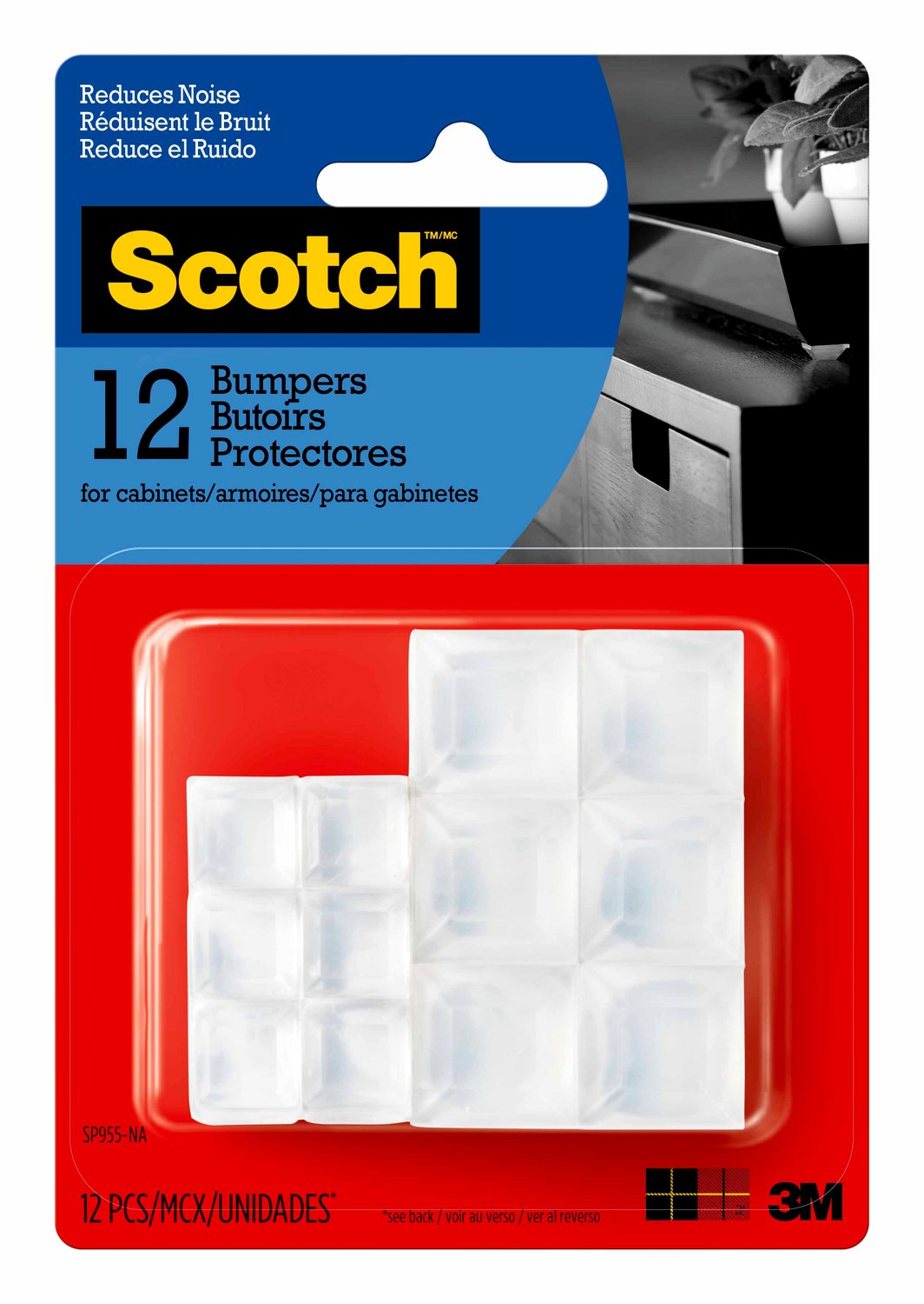 7100142730 - Scotch Square Bumpers, SP955-NA, 1/2 in and 3/4 in, Clear, 12pk