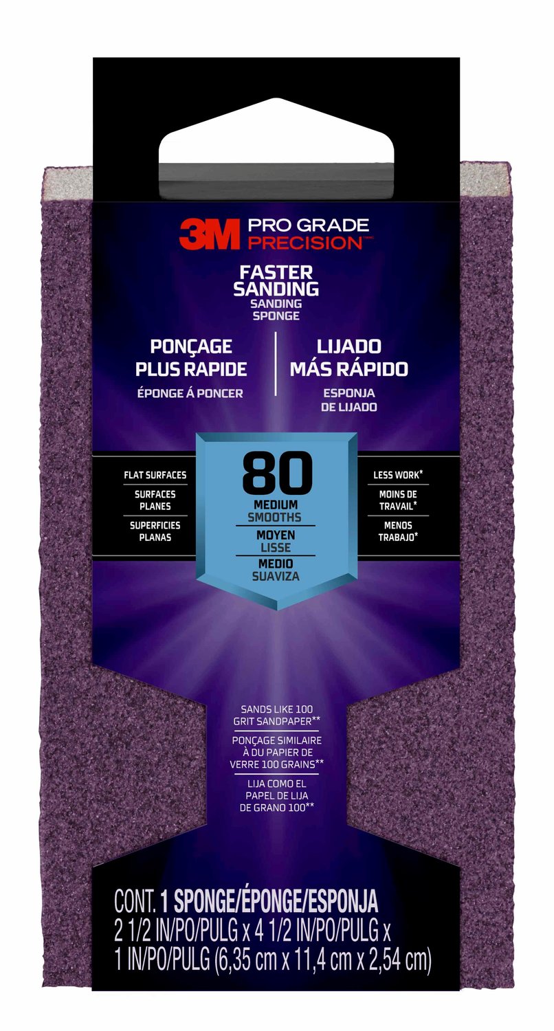 7100169977 - 3M Pro Grade Precision Faster Sanding Block Sponge, 24000TRI-M-B, 2.5
in x 4.5 in x 1 in, 80 grit, Medium, 12/cs