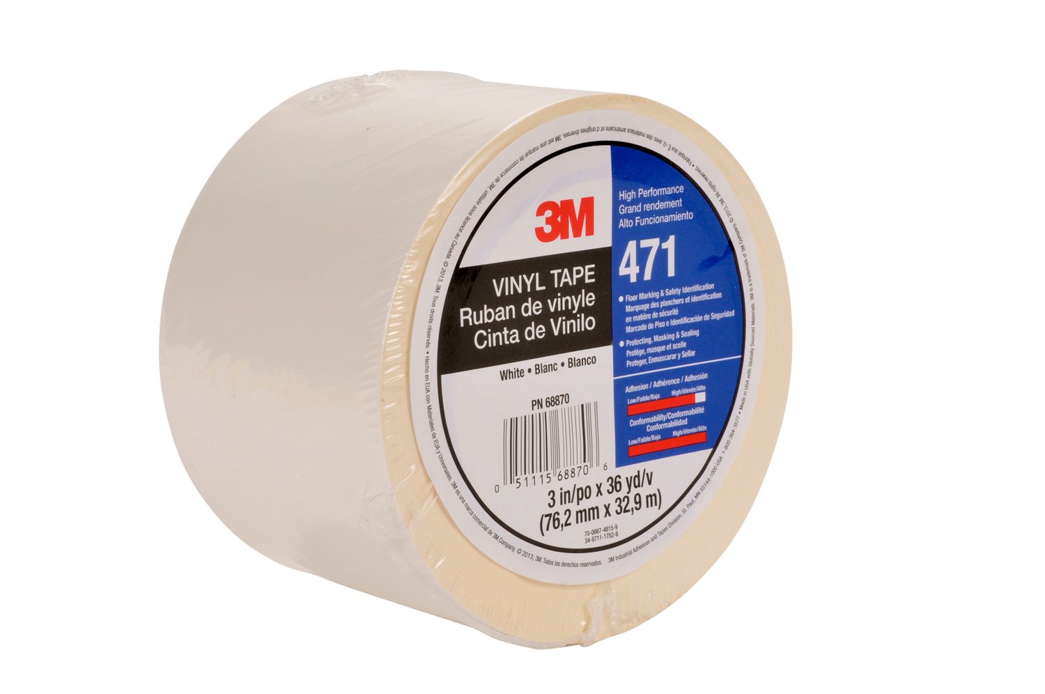 7010375095 - 3M Vinyl Tape 471, White, 3 in x 36 yd, 5.2 mil, 12 rolls per case,
Individually Wrapped Conveniently Packaged