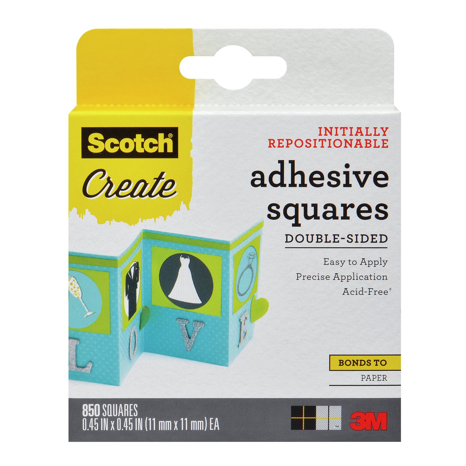 7100076463 - Scotch Adhesive Squares 009-850-CFT, 850 squares/pack