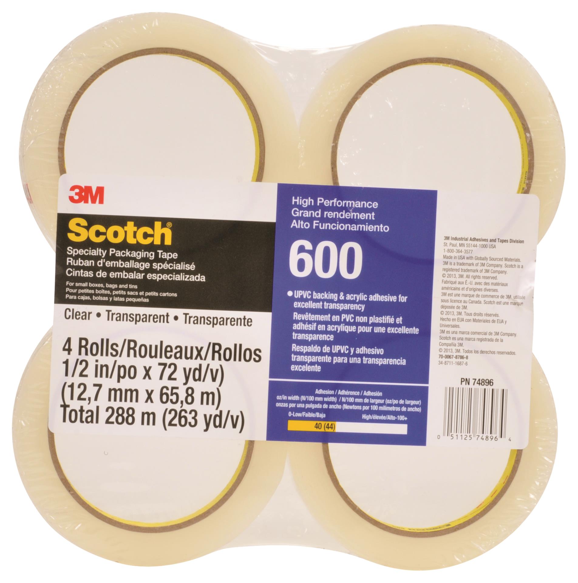 00051125748964 Scotch® Light Duty Packaging Tape 600 Clear High Clarity,  1/2 in x 72 yd, 72/case (4 rls/pck 18 pcks/cs), Conveniently Packaged  Aircraft products 3M 9348883