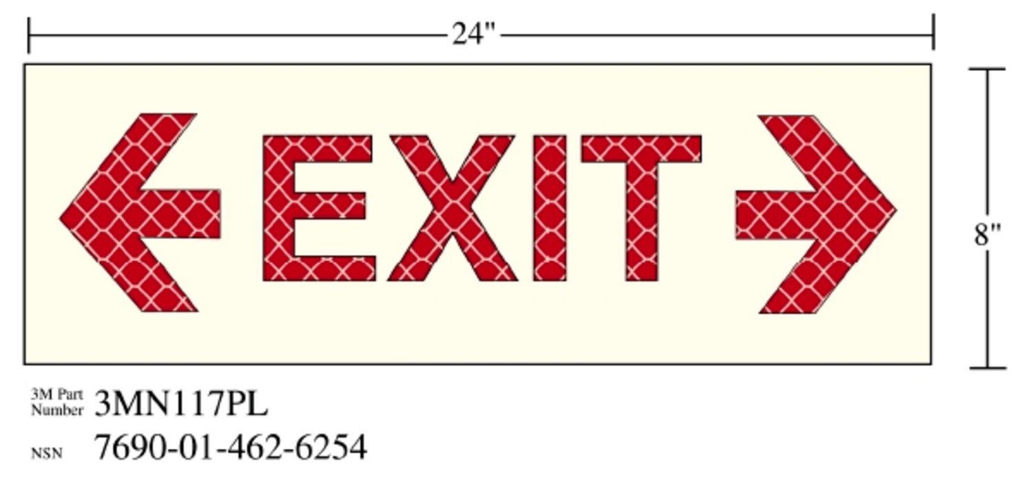 7010317781 - 3M Photoluminescent Film 6900, Shipboard Sign 3MN117PL, 24 in x 8 in,
EXIT with Double Arrow, 10/Package