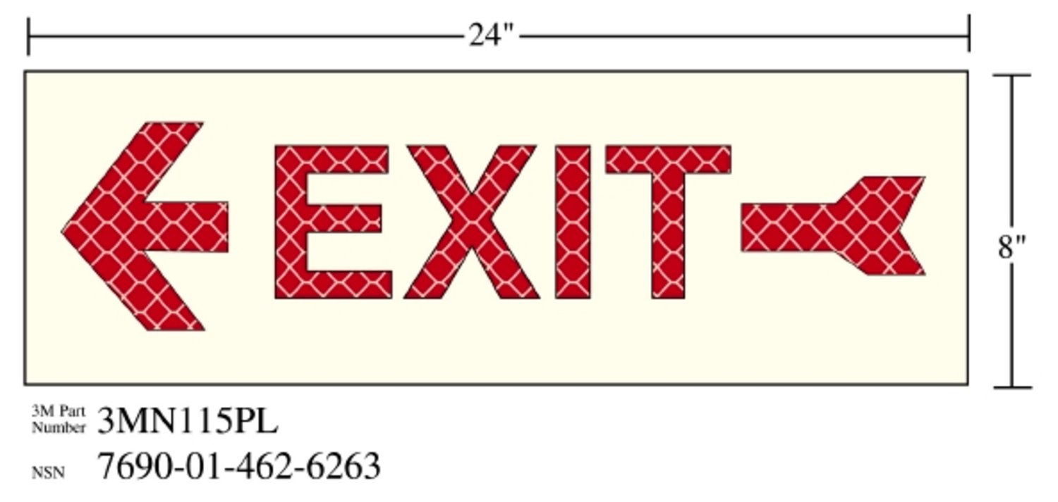 7010343542 - 3M Photoluminescent Film 6900, Shipboard Sign 3MN115PL, 24 in x 8 in,
EXIT with Left Arrow, 10/Package