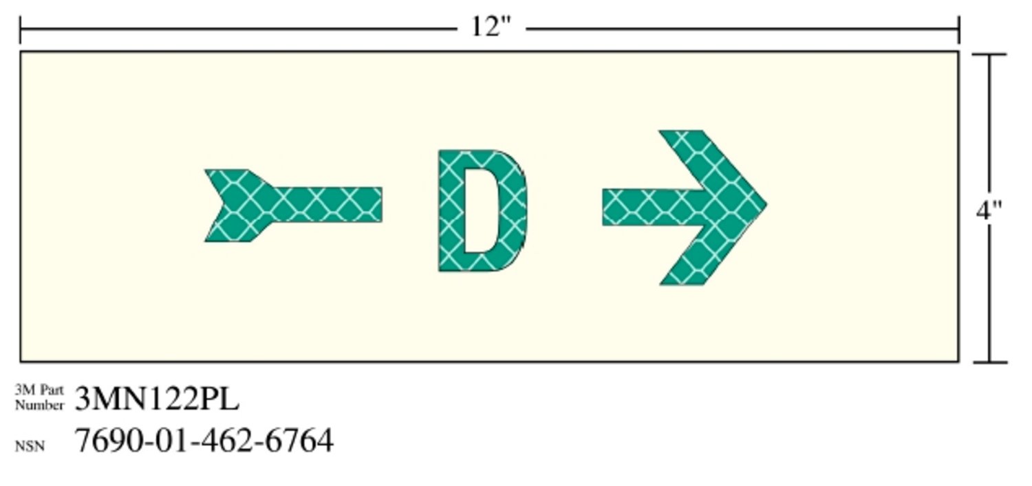 7010343544 - 3M Photoluminescent Film 6900, Shipboard Sign 3MN122PL, 12 in x 4 in, D
with Right Arrow, 10/Package