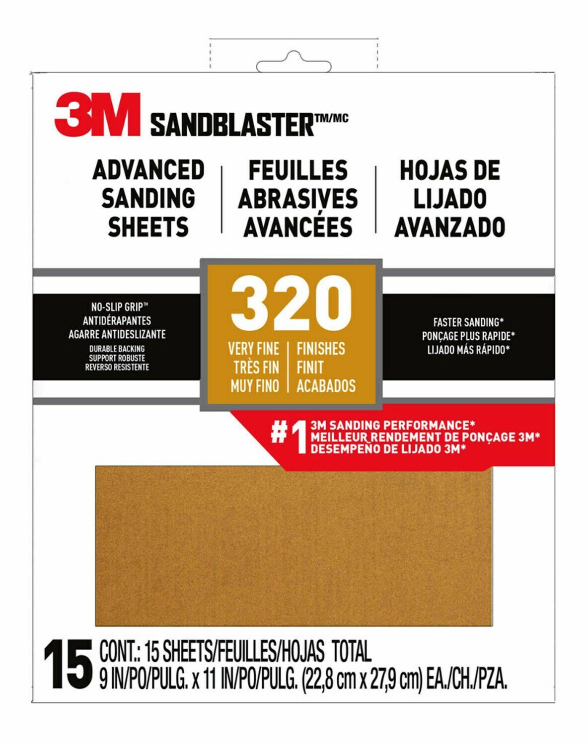 7100284687 - 3M SandBlaster Advanced Sanding Sheets w/ NO-SLIP GRIP Backing 30320-G-15, 9 in x 11 in, 320 Grit, 15 Shts/pk